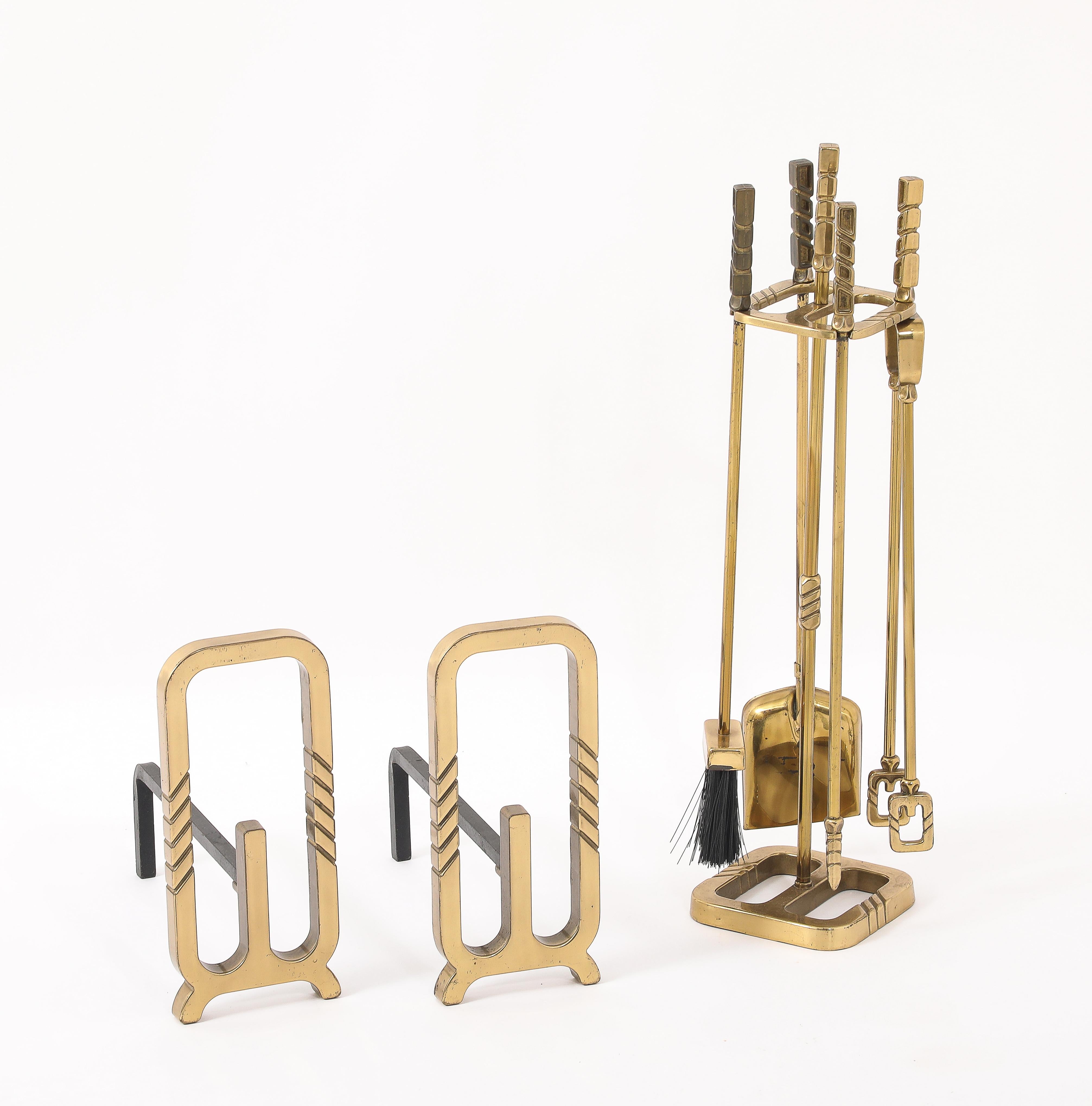 Modernist Brass Andirons, Screen & Toolset, Italy 1960's For Sale 11