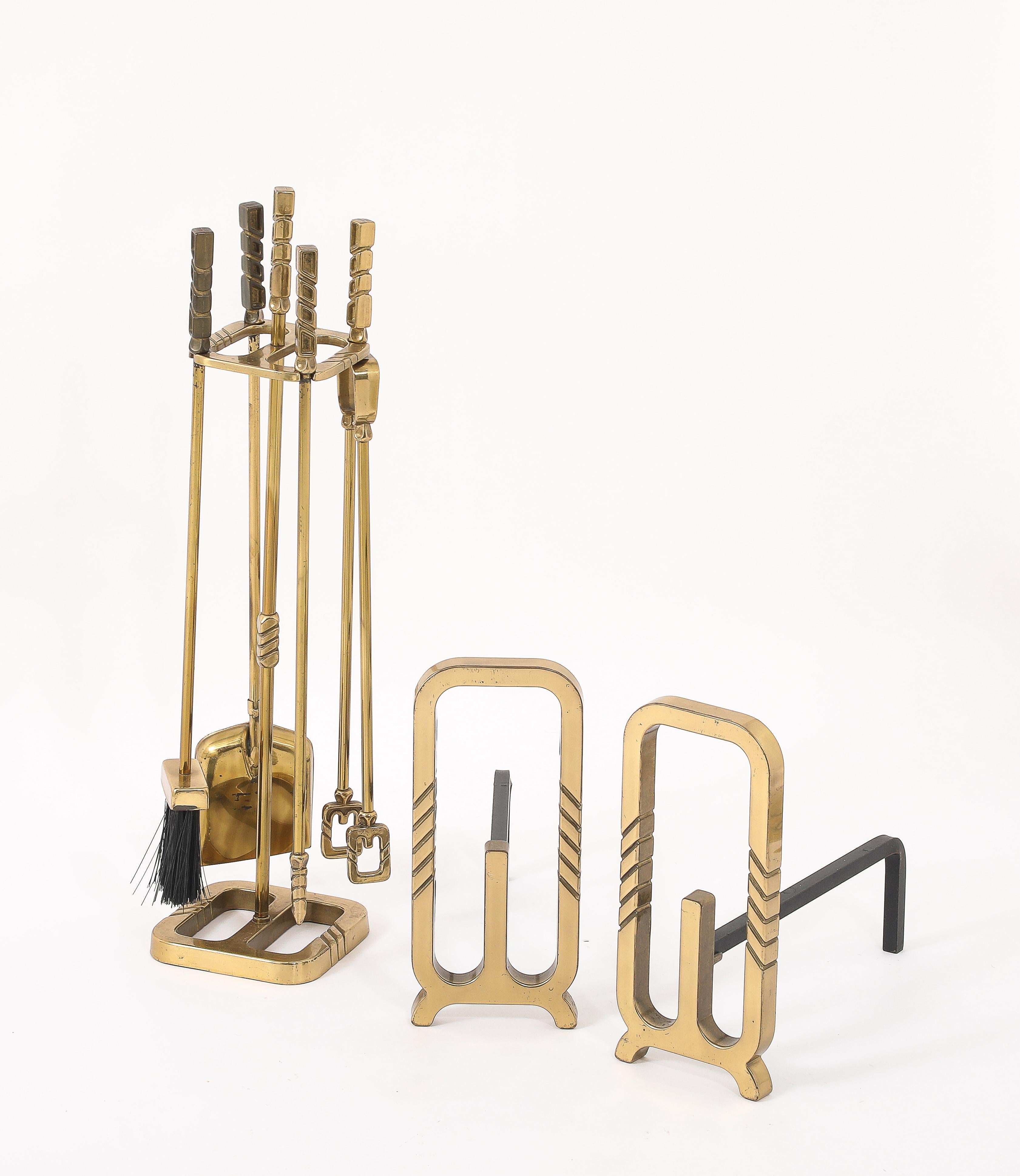 Modernist Brass Andirons, Screen & Toolset, Italy 1960's For Sale 12