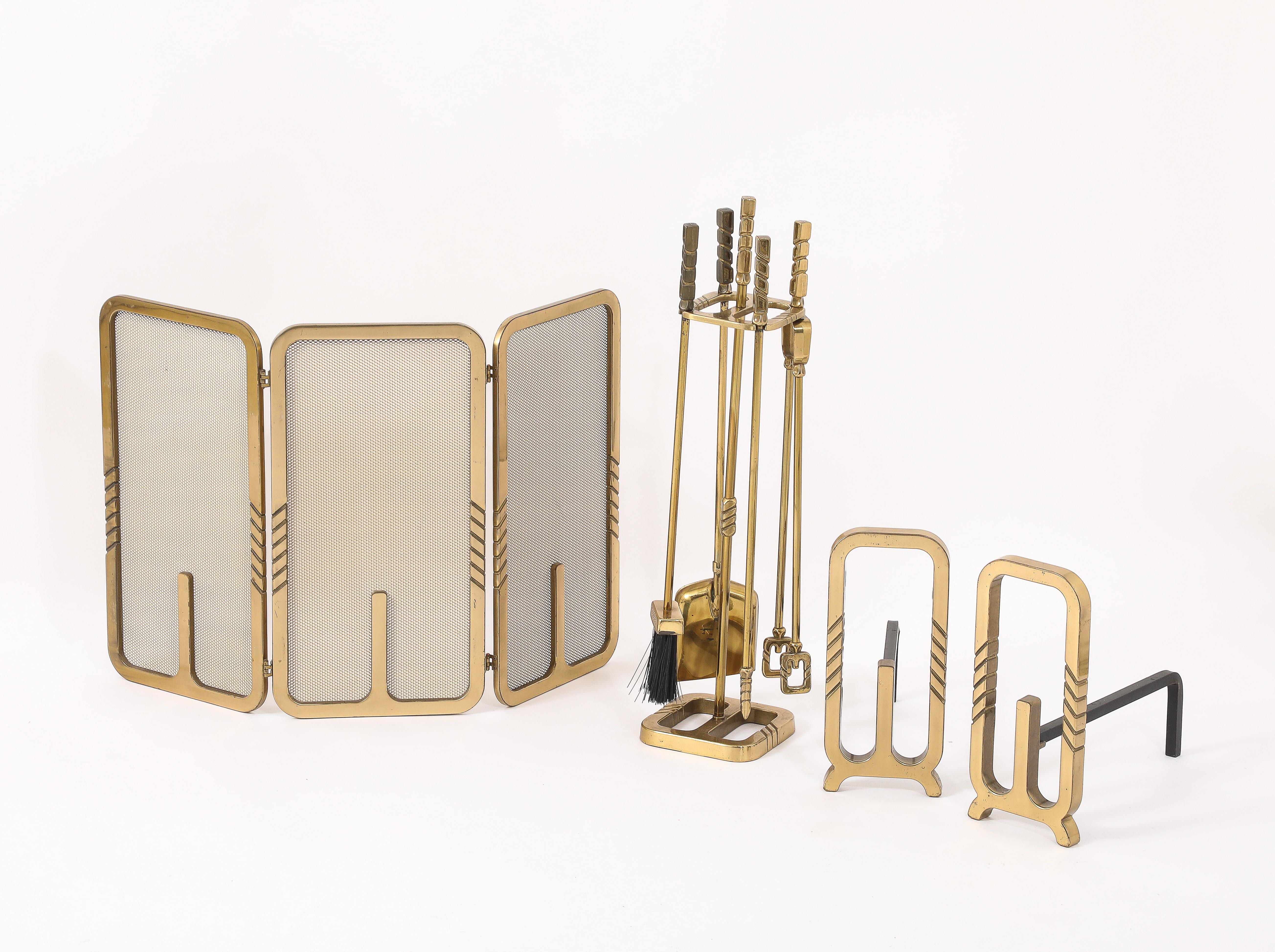 Modernist Brass Andirons, Screen & Toolset, Italy 1960's For Sale 13