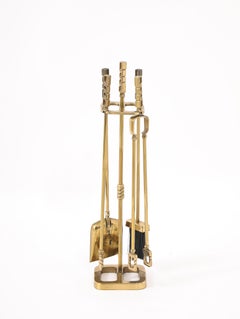 Modernist Brass Andirons, Screen & Toolset, Italy 1960's