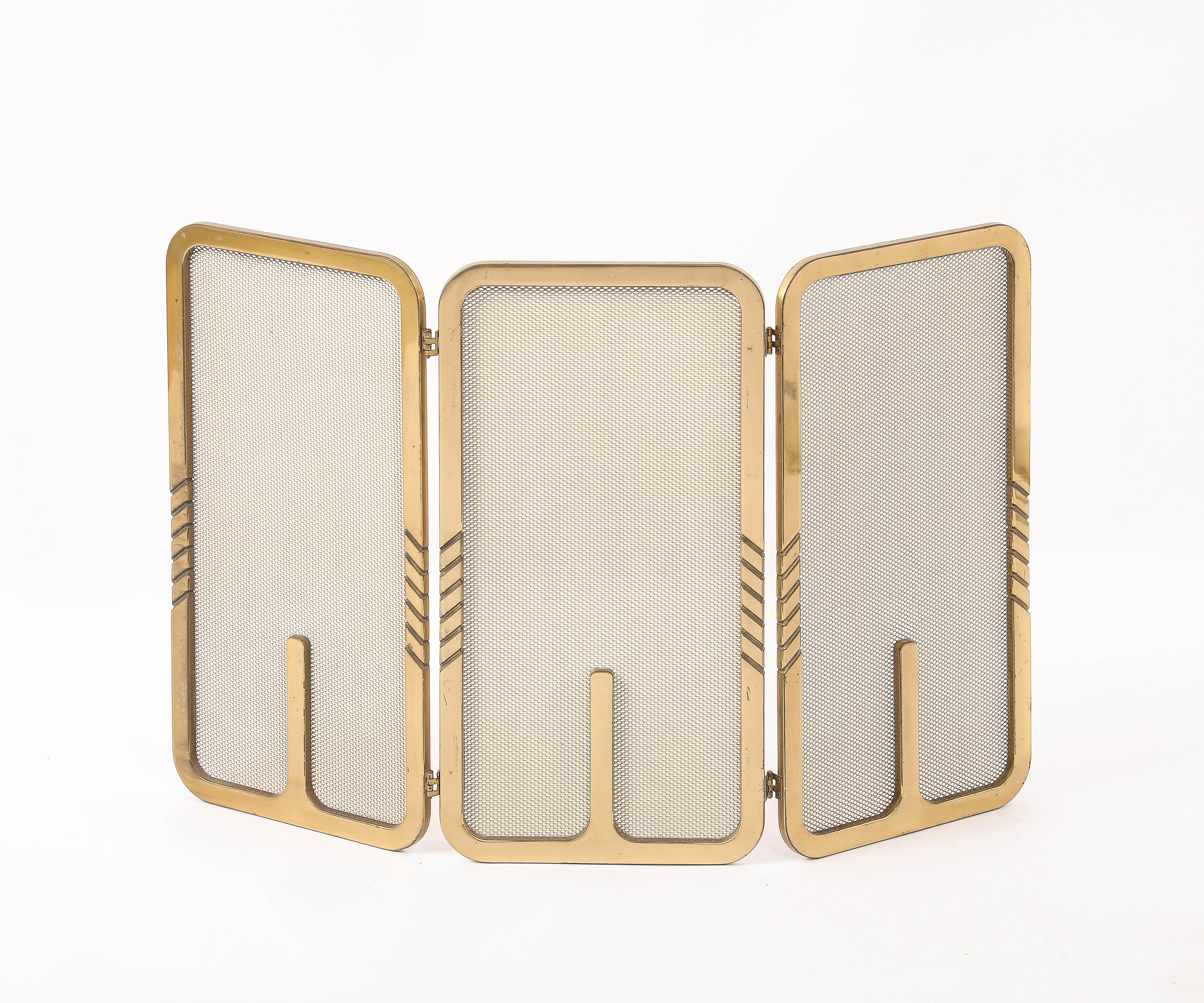 Modernist Brass Andirons, Screen & Toolset, Italy 1960's For Sale 14