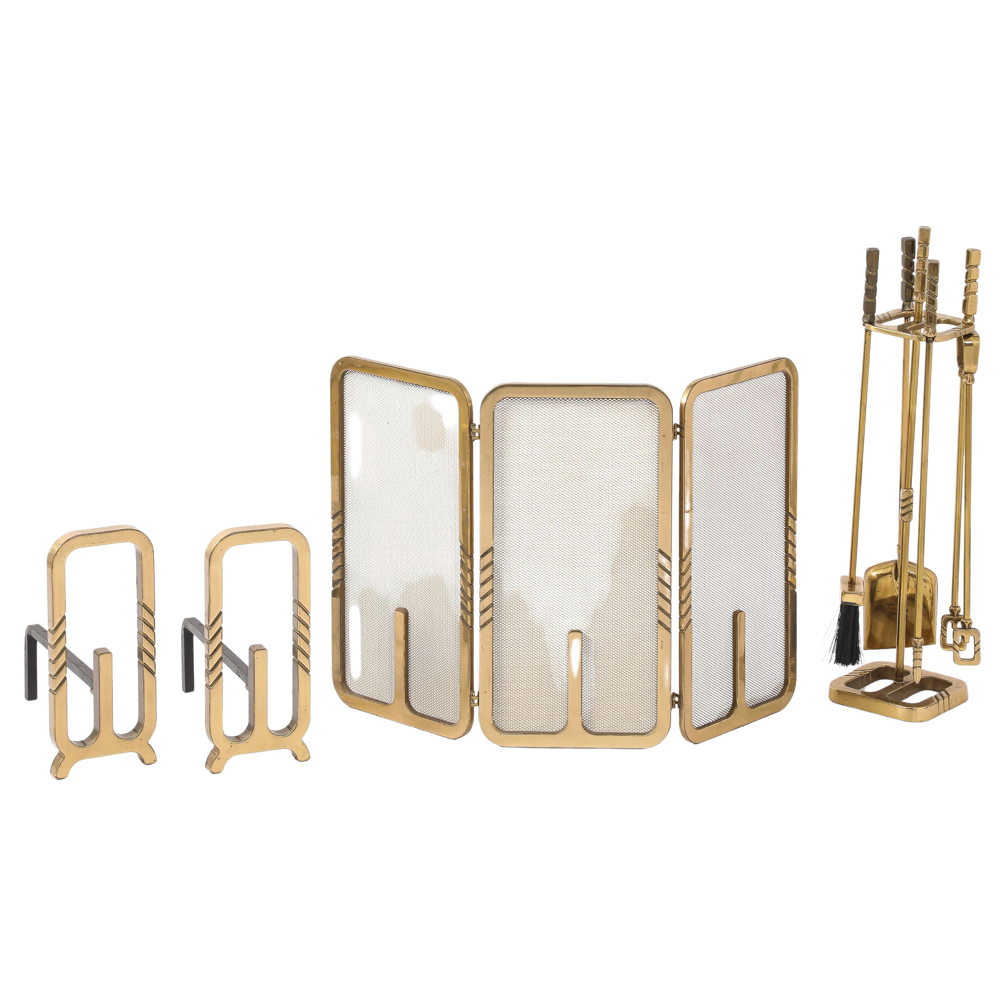 Modernist Brass Andirons, Screen & Toolset, Italy 1960's For Sale