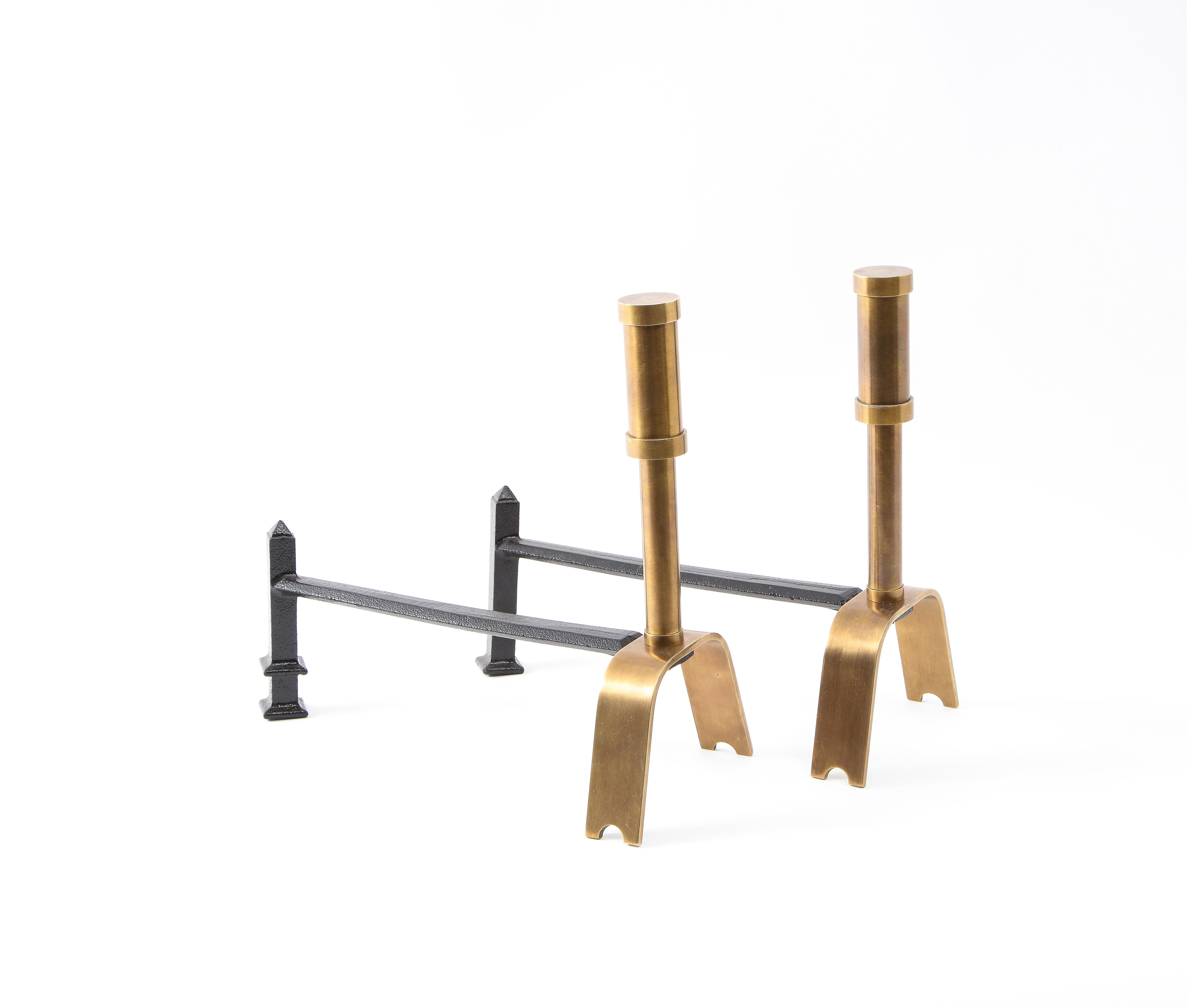 French Modernist Brass Andirons, USA, 1950s For Sale