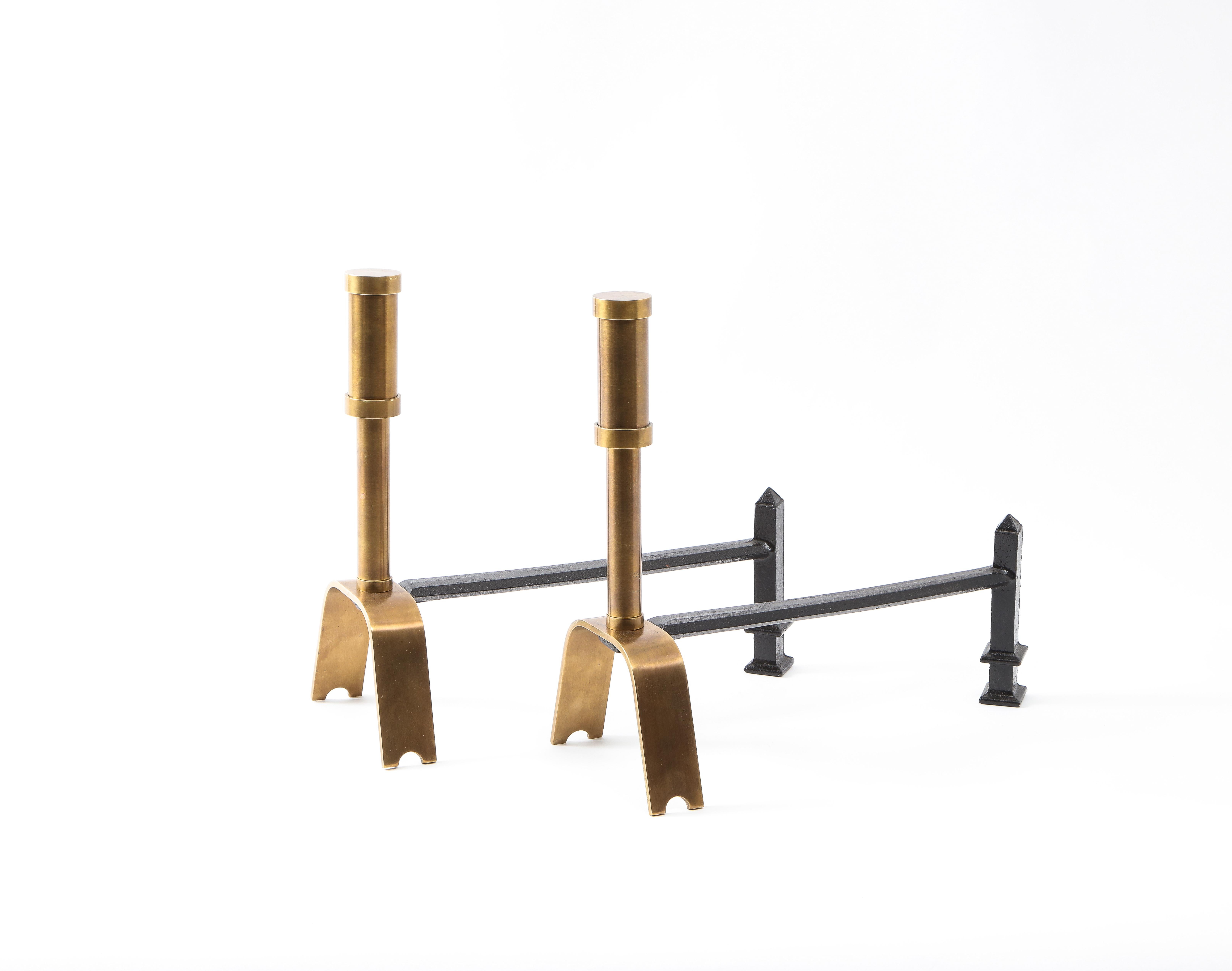 Modernist Brass Andirons, USA, 1950s In Good Condition For Sale In New York, NY