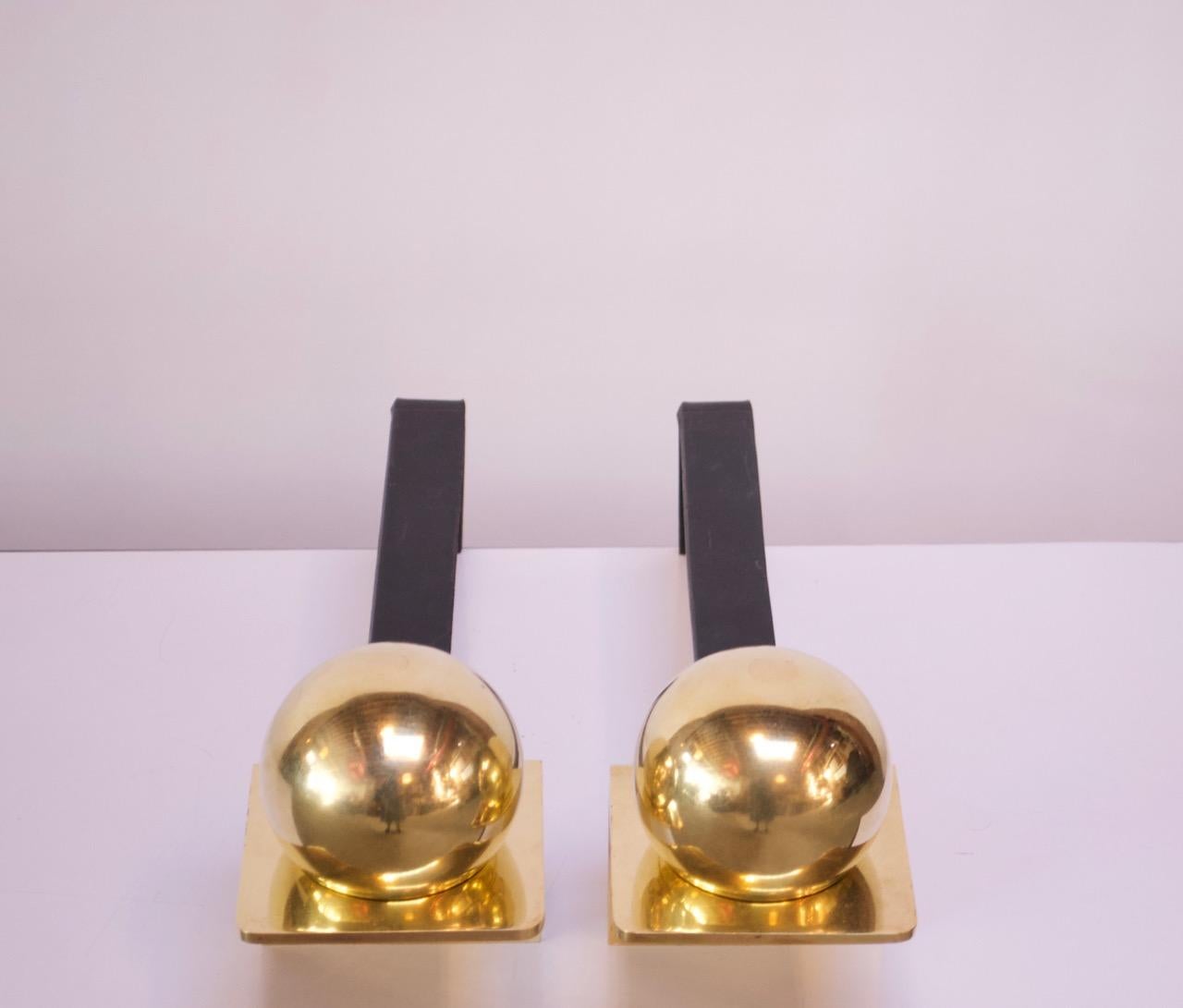 Mid-Century Modern Modernist Brass 'Ball' Andirons