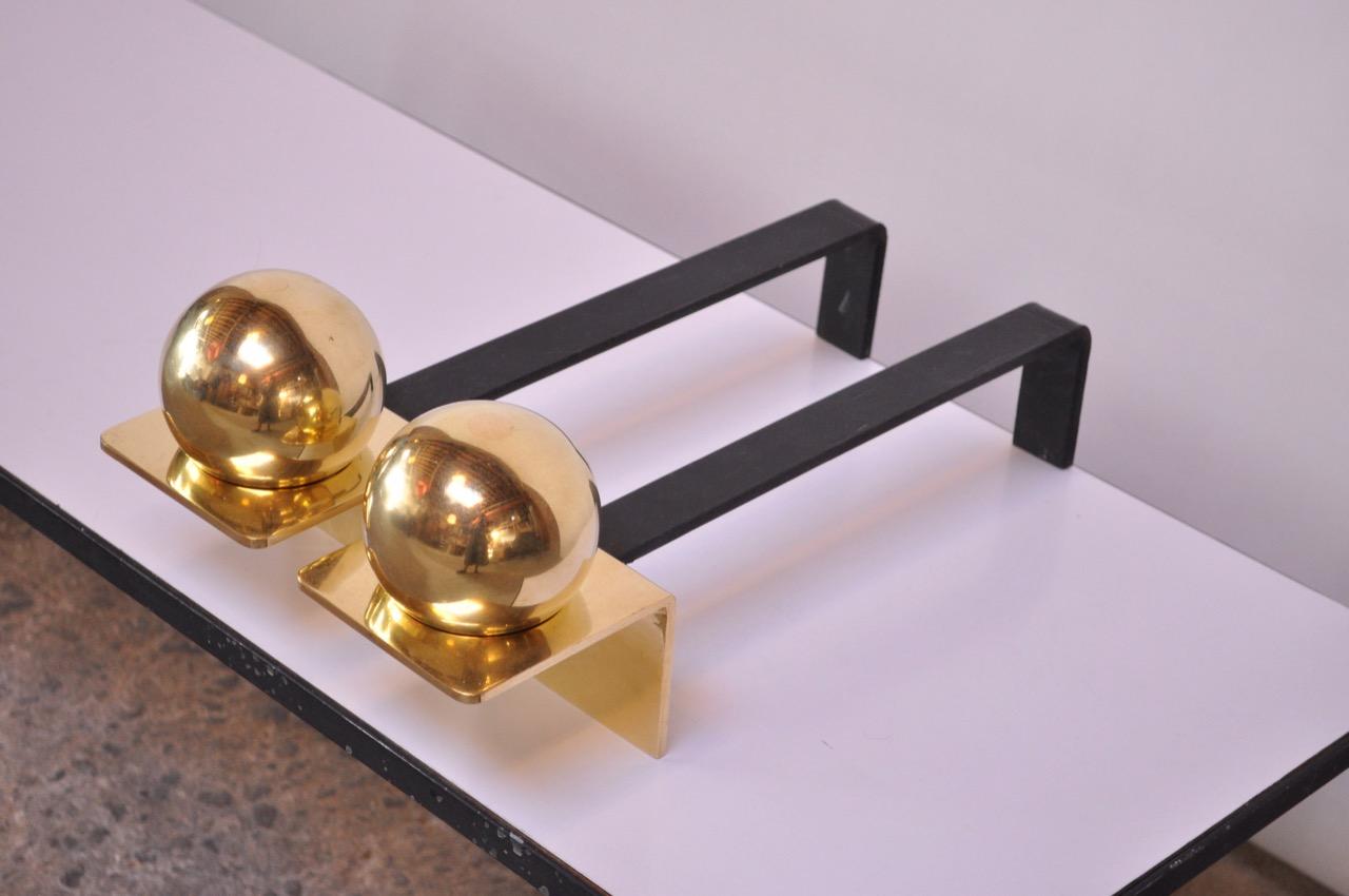 Polished Modernist Brass 'Ball' Andirons