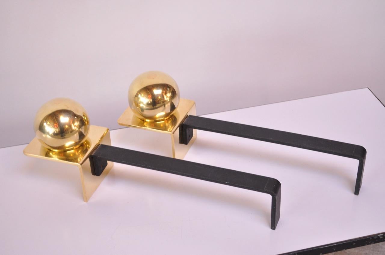 Modernist Brass 'Ball' Andirons In Good Condition In Brooklyn, NY