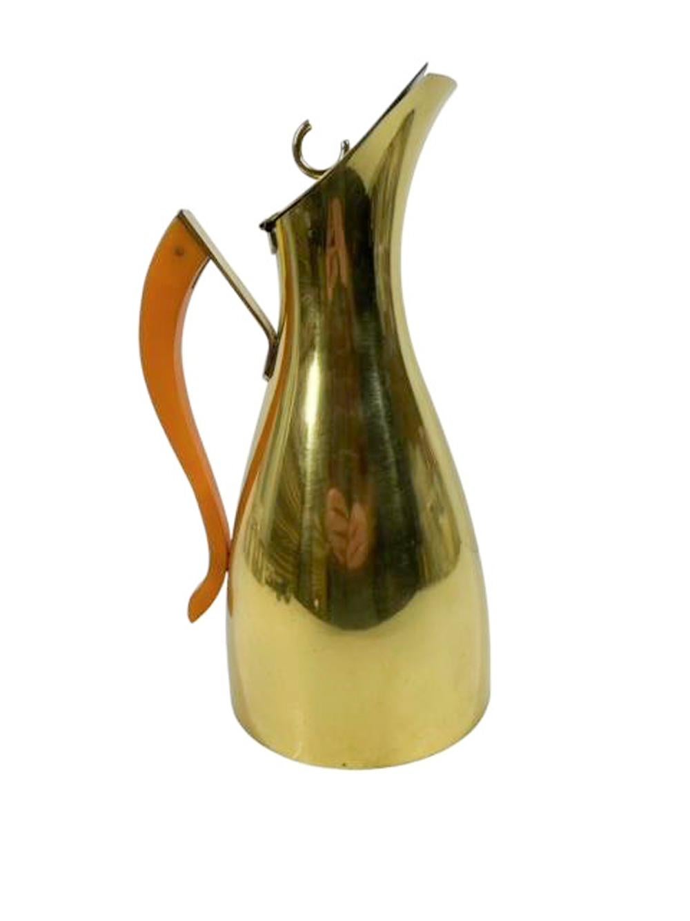 Mid-Century Modern Modernist Brass Bar Pitcher w/Hinged Lid and Curved Butterscotch Bakelite Handle For Sale
