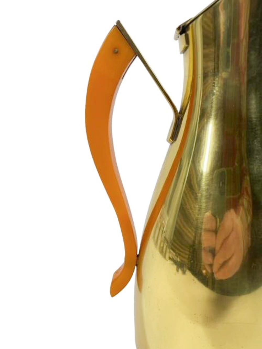 Italian Modernist Brass Bar Pitcher w/Hinged Lid and Curved Butterscotch Bakelite Handle For Sale
