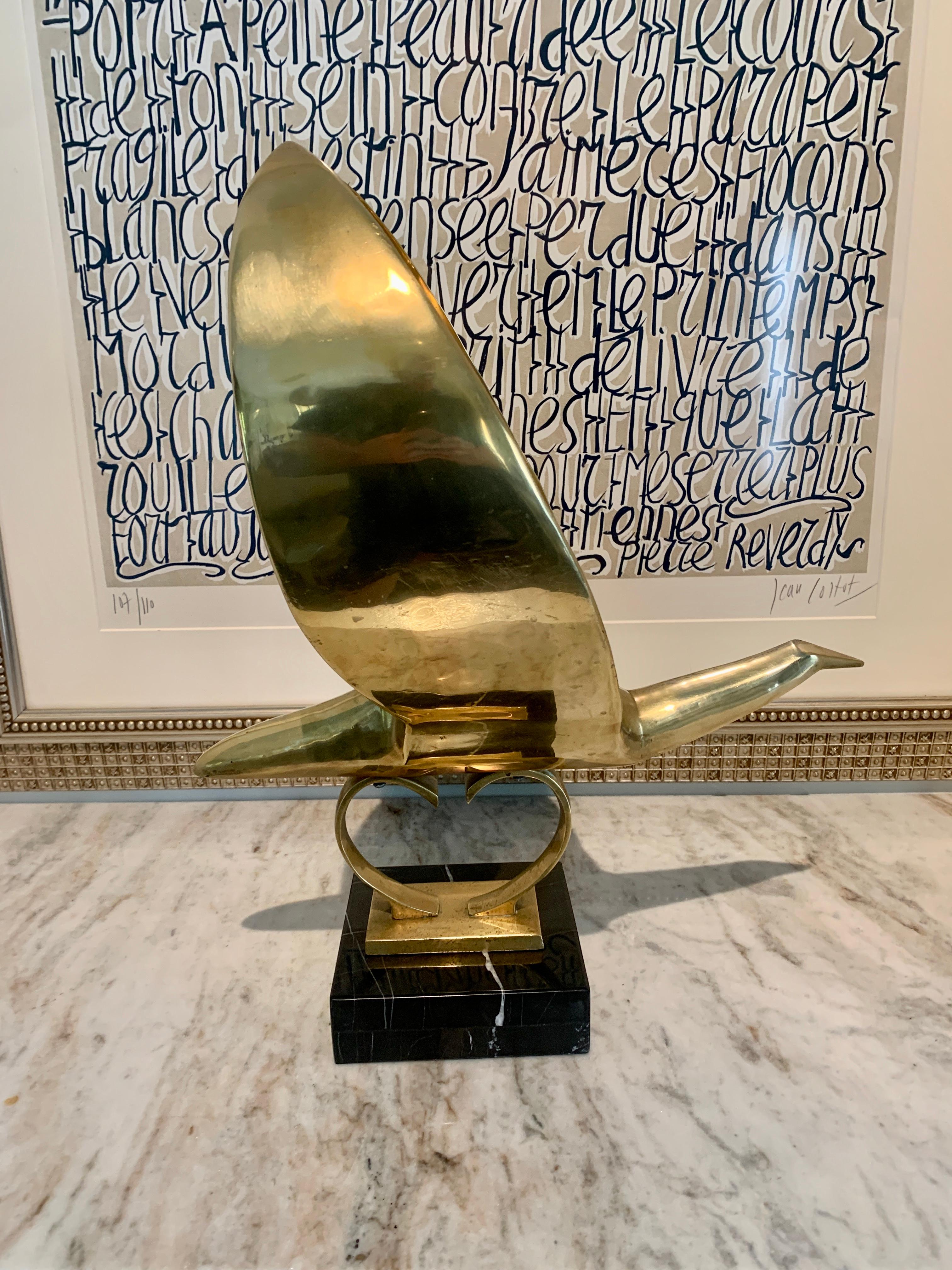 Modernist Brass Bird Hood Ornament Mounted on Marble Base In Good Condition In Los Angeles, CA