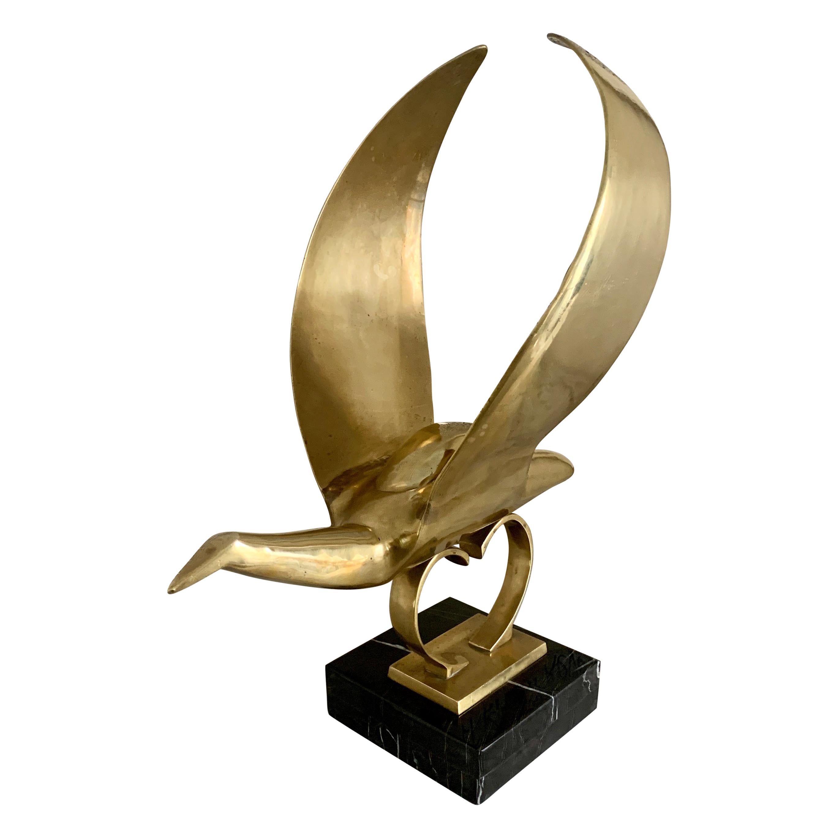 Modernist Brass Bird Hood Ornament Mounted on Marble Base