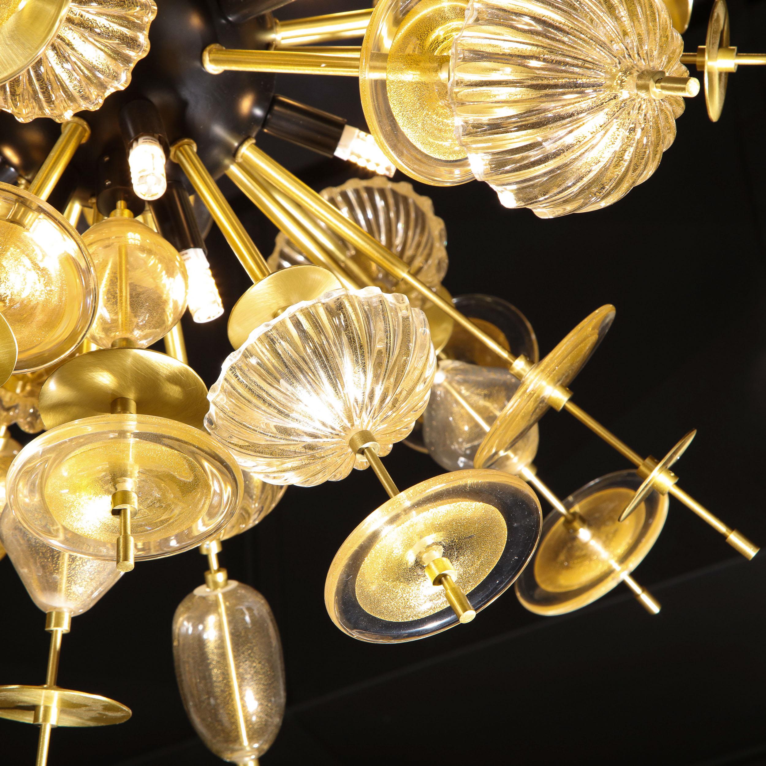 Modernist Brass & Black Enamel Sputnik w/ Clear/ Gold Handblown Murano Glass 6