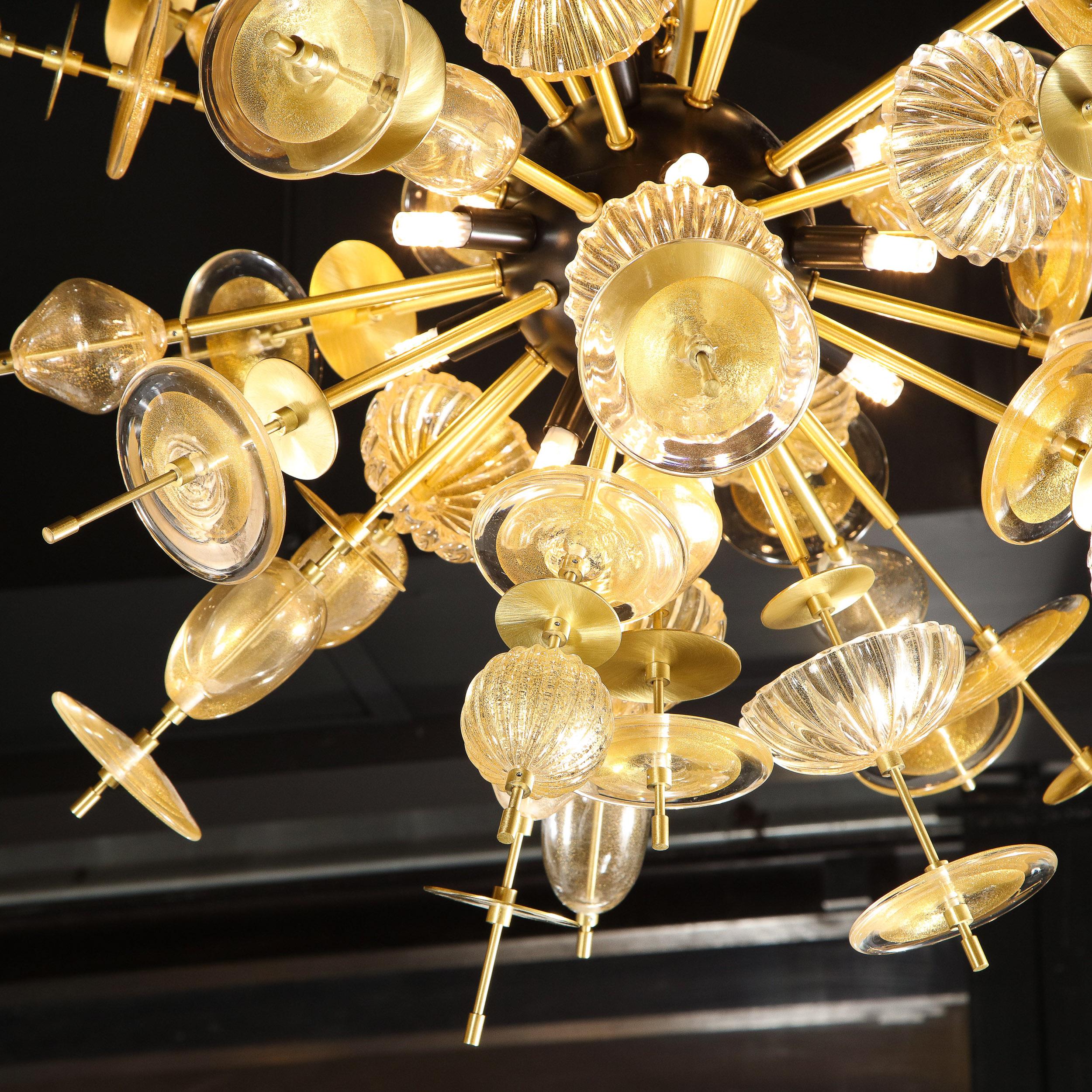 Italian Modernist Brass & Black Enamel Sputnik w/ Clear/ Gold Handblown Murano Glass