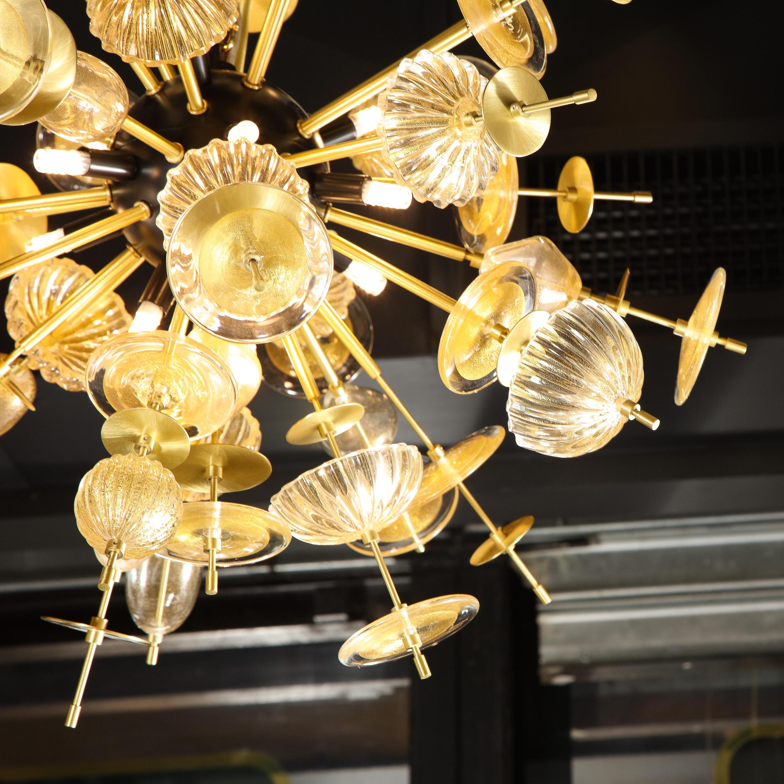 Modernist Brass & Black Enamel Sputnik w/ Clear/ Gold Handblown Murano Glass In Excellent Condition In New York, NY