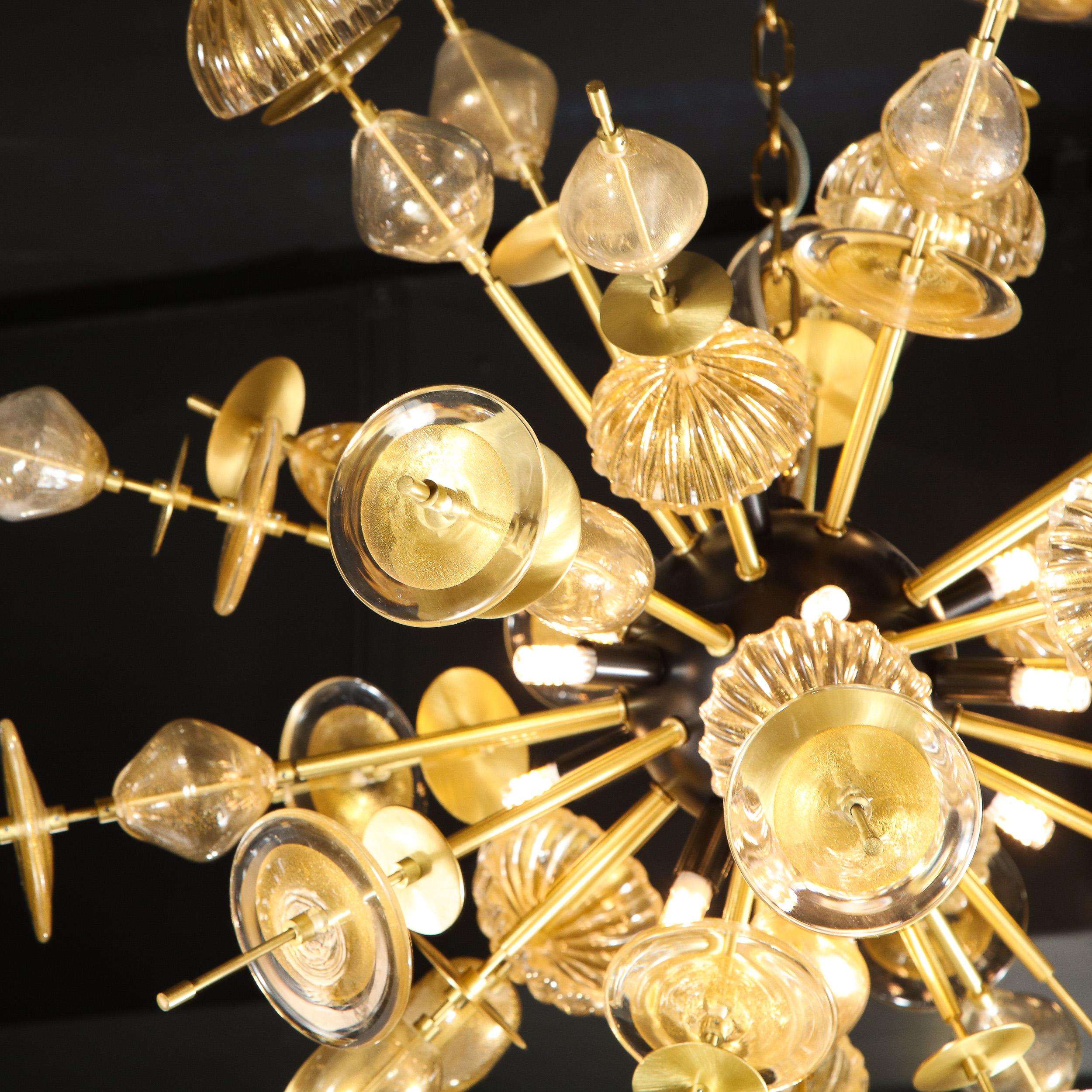 Contemporary Modernist Brass & Black Enamel Sputnik w/ Clear/ Gold Handblown Murano Glass
