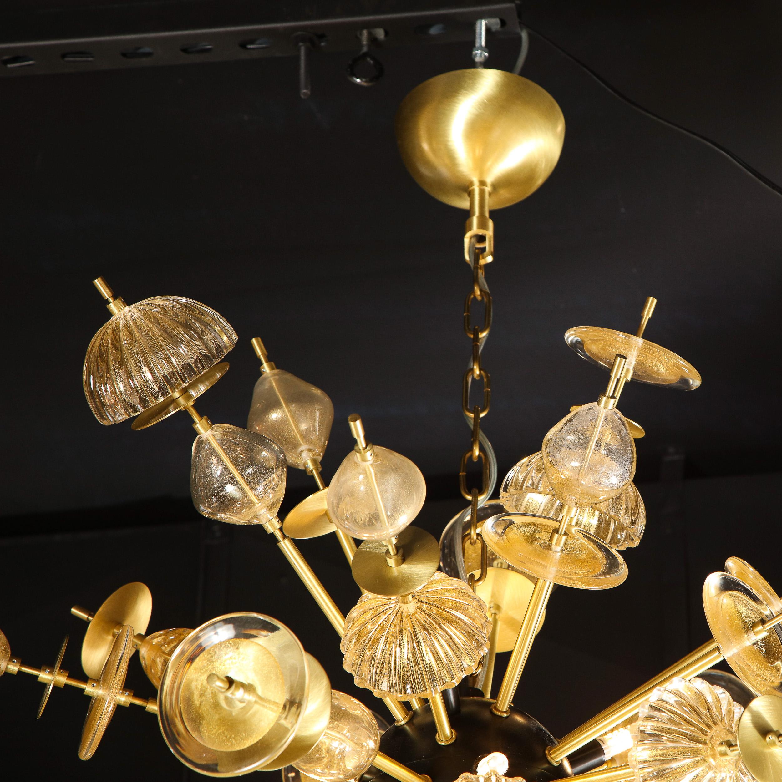 Modernist Brass & Black Enamel Sputnik w/ Clear/ Gold Handblown Murano Glass 1