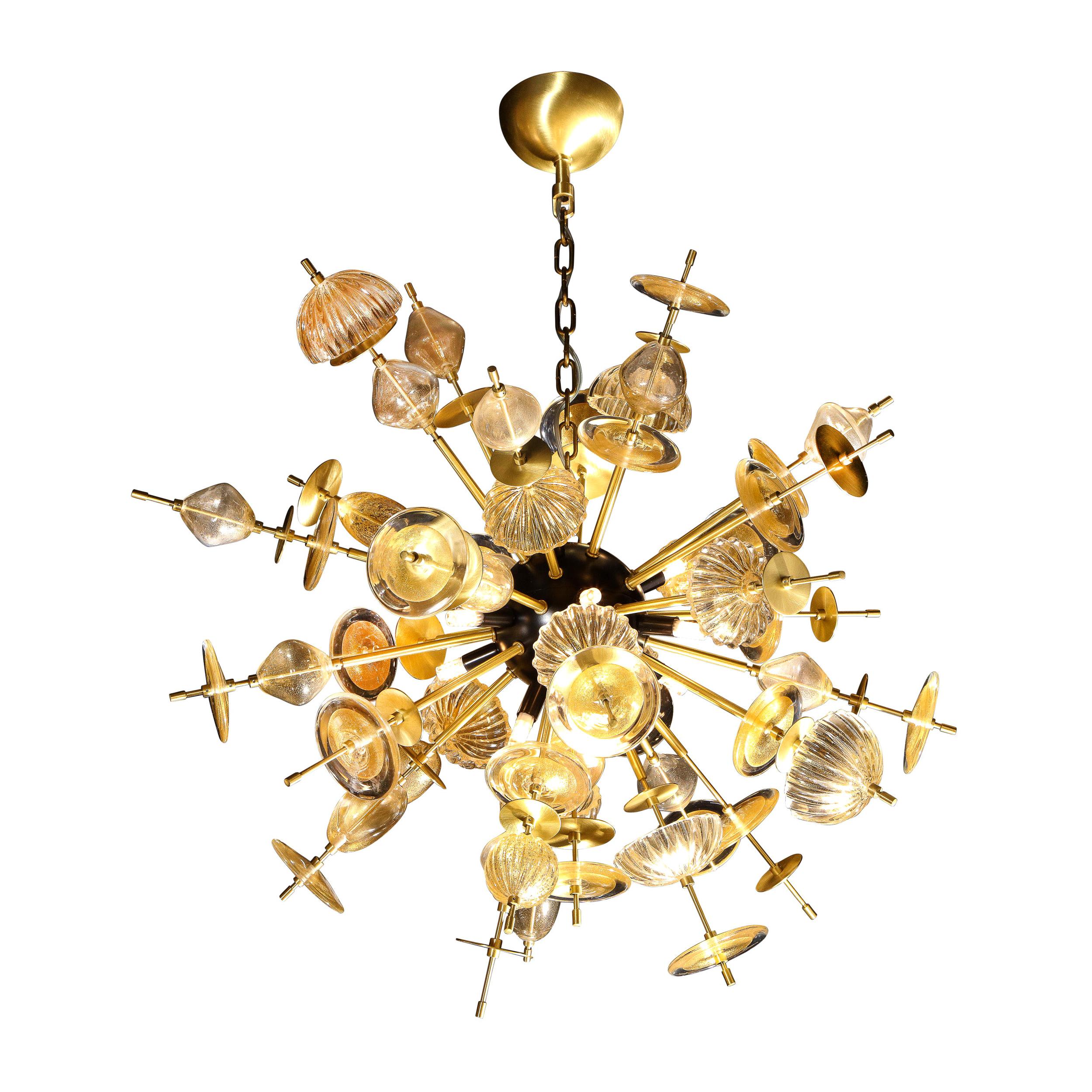 Modernist Brass & Black Enamel Sputnik w/ Clear/ Gold Handblown Murano Glass