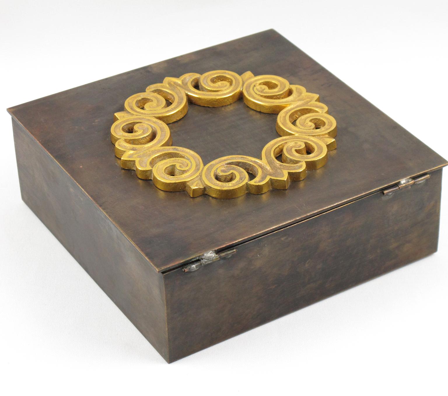 Mid-20th Century Modernist Brass Box with Gilt Decor, France 1940s For Sale