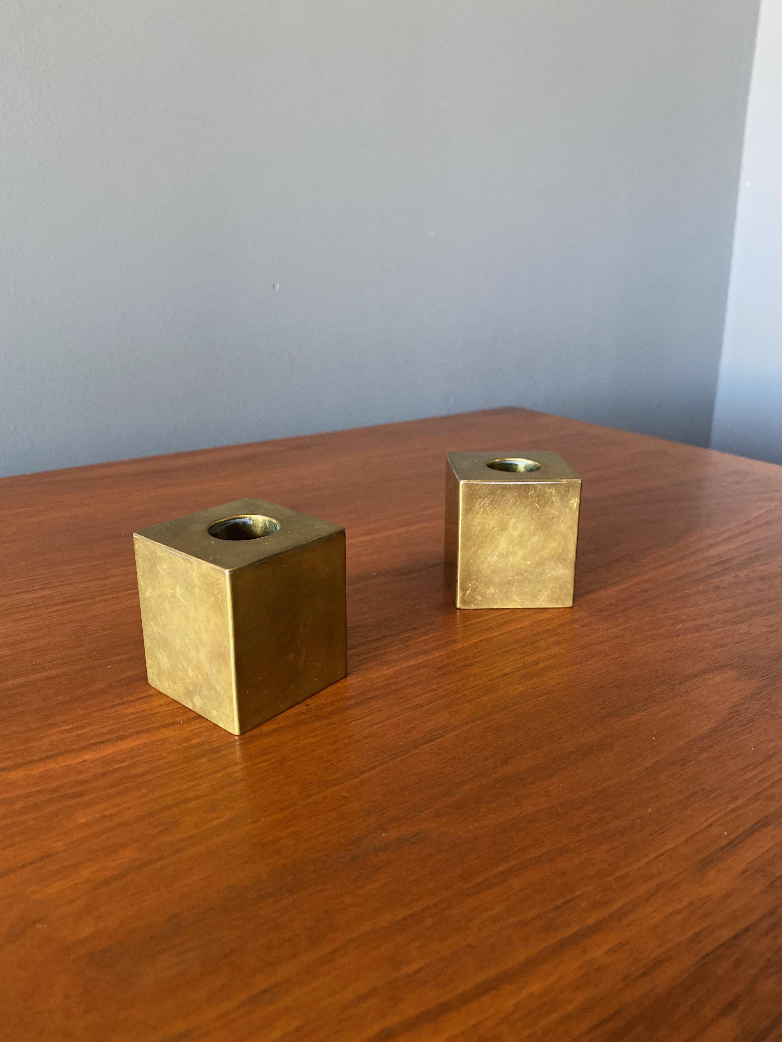 Modernist Brass Candle Holders, circa 1965 In Good Condition In Costa Mesa, CA