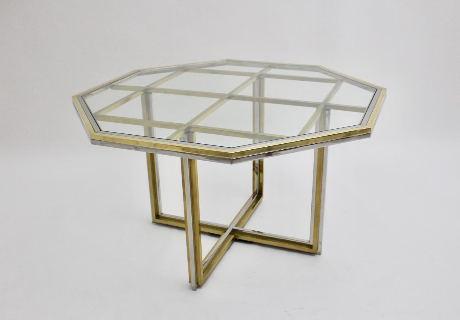 Romeo Rega Style Italian Glass and Brass Chromed Vintage Dining Table, 1970s In Good Condition For Sale In Vienna, AT
