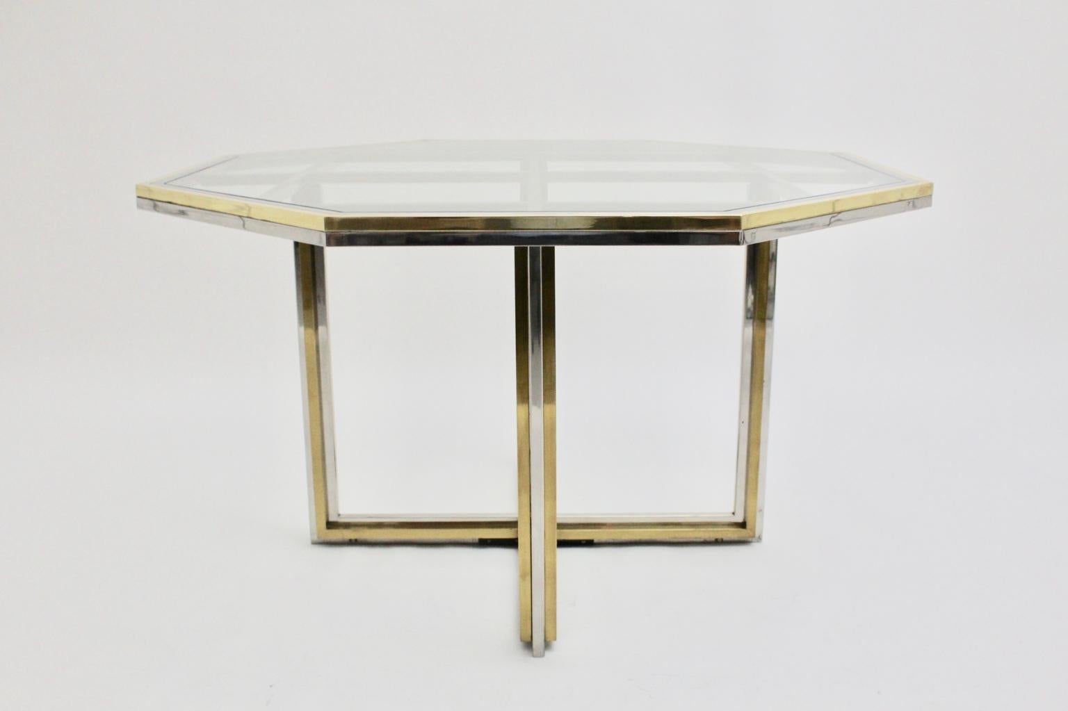 Metal Romeo Rega Style Italian Glass and Brass Chromed Vintage Dining Table, 1970s For Sale