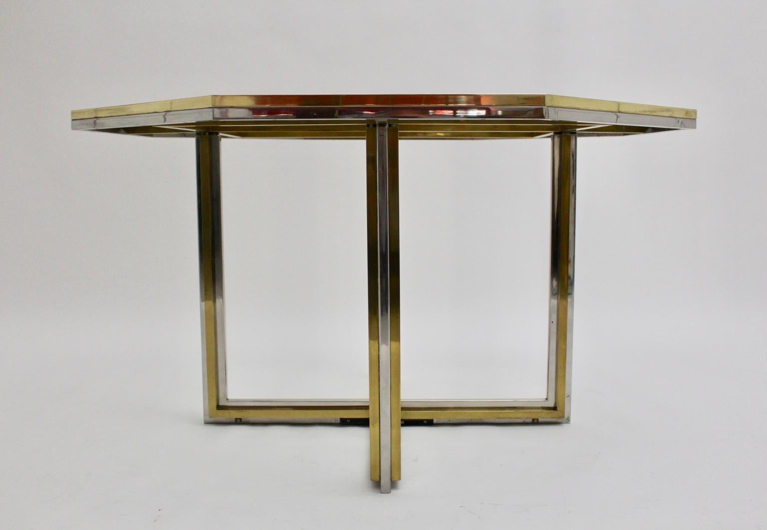 Table de salle à manger de style Hollywood Regency en verre et laiton chromé, 1970, Italie en vente 1
