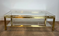 Modernistischer Couchtisch aus Messing mit Ablagen aus Rauchglas von Guy Lefèvre für Jansen