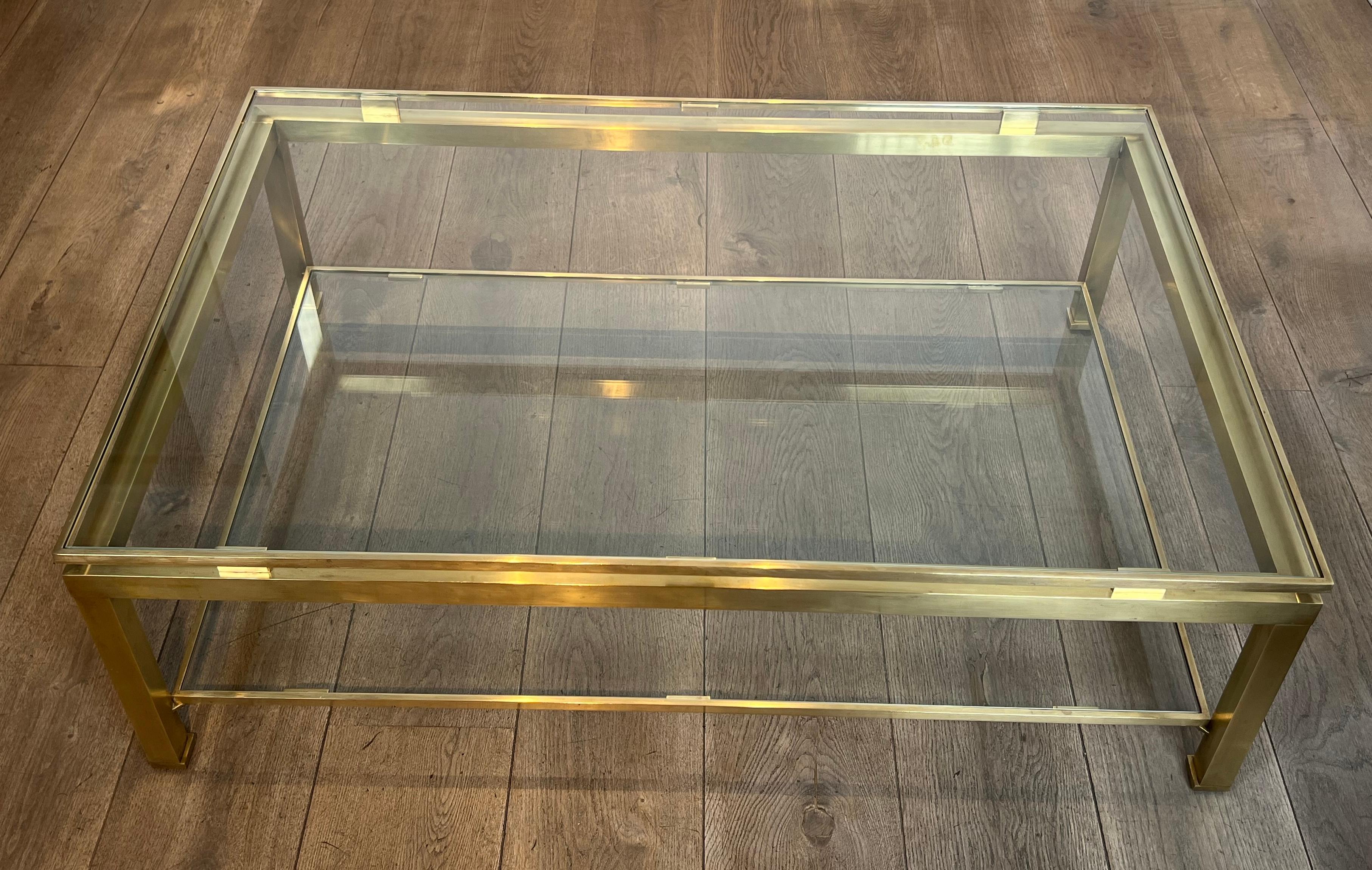 Mid-Century Modern Modernist Brass Coffee Table with Smoked Glass Shelves by Guy Lefèvre for Jansen For Sale