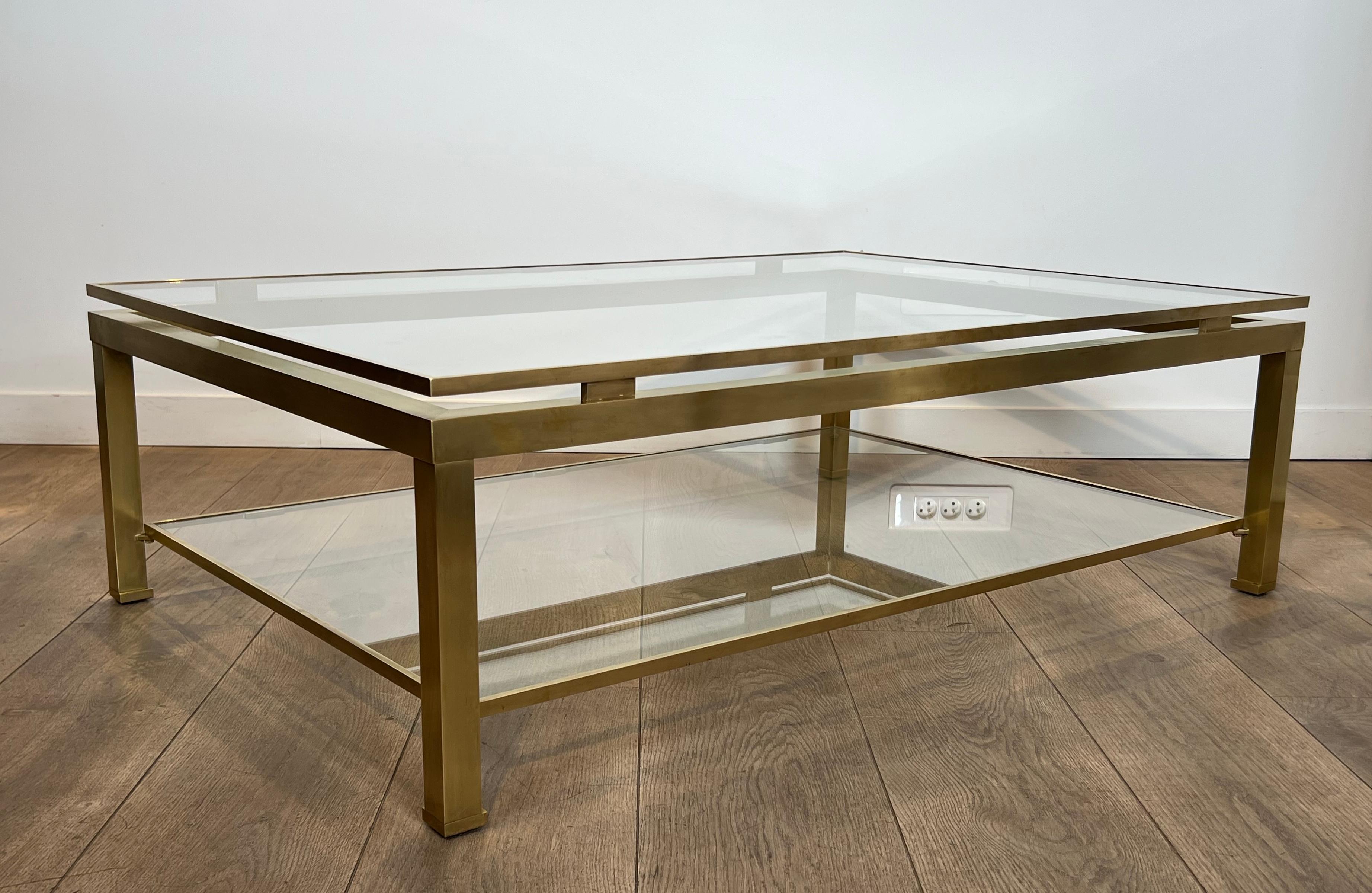 French Modernist Brass Coffee Table with Smoked Glass Shelves by Guy Lefèvre for Jansen For Sale