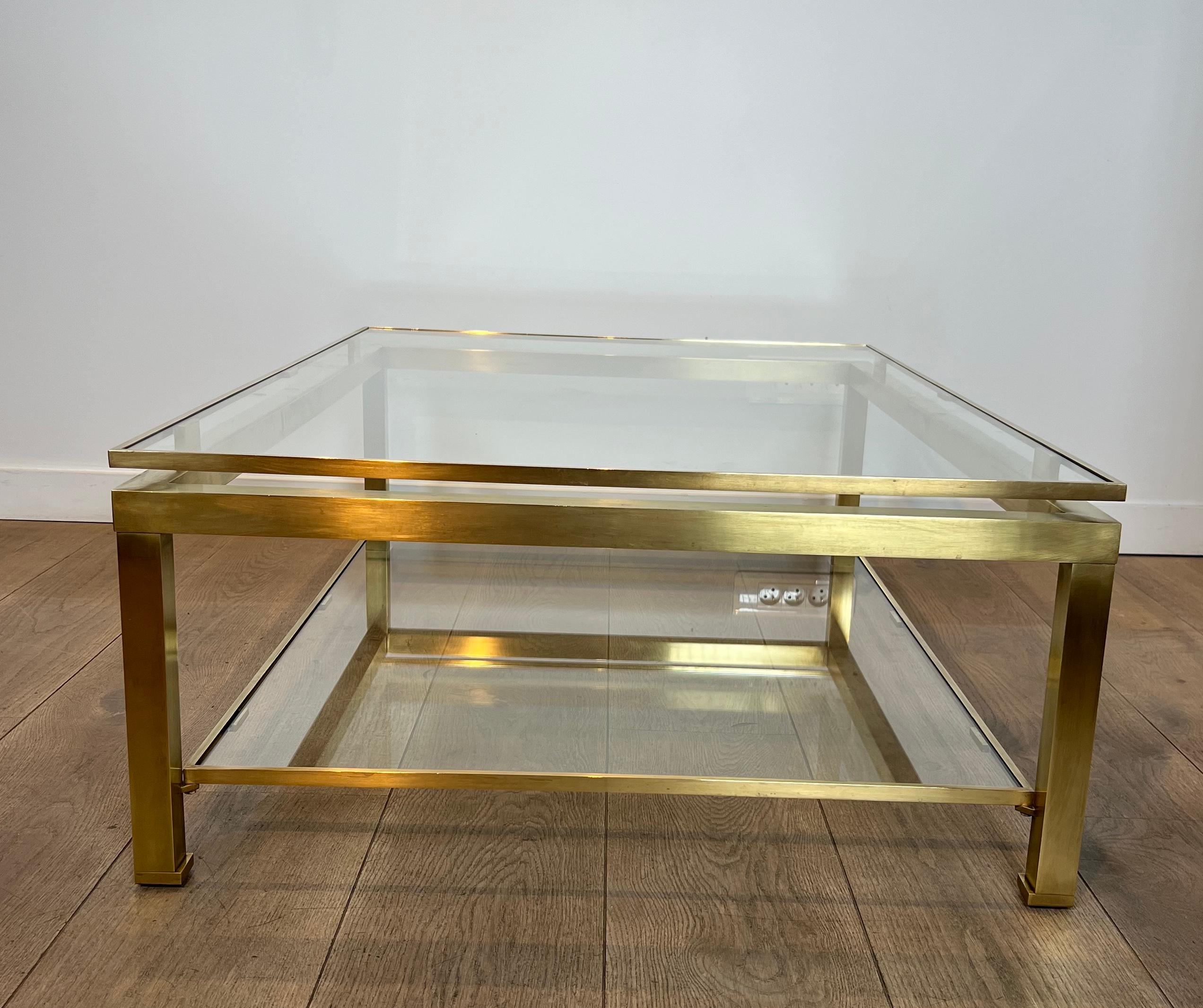 Modernist Brass Coffee Table with Smoked Glass Shelves by Guy Lefèvre for Jansen In Good Condition For Sale In Marcq-en-Barœul, Hauts-de-France