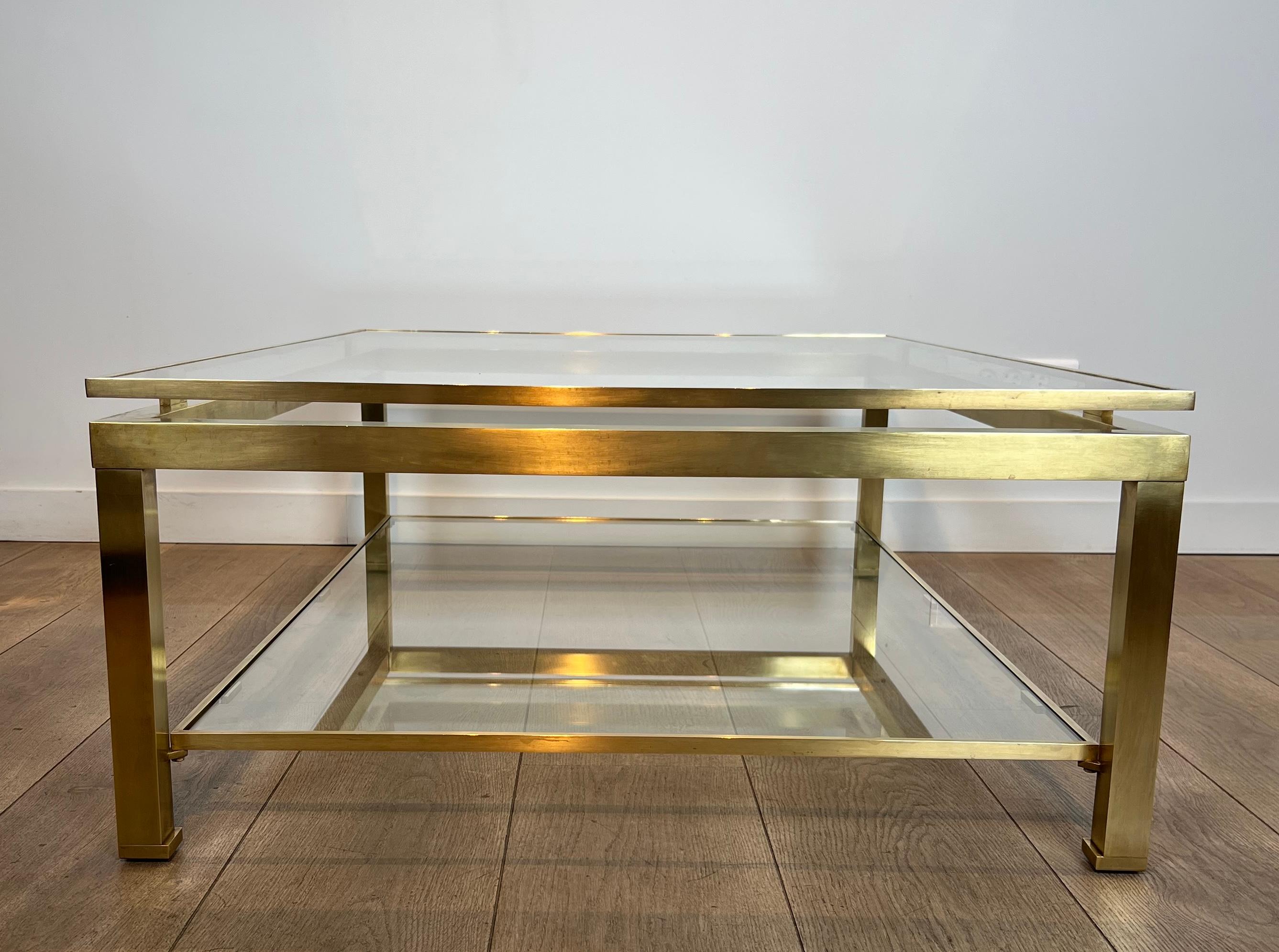 Late 20th Century Modernist Brass Coffee Table with Smoked Glass Shelves by Guy Lefèvre for Jansen For Sale