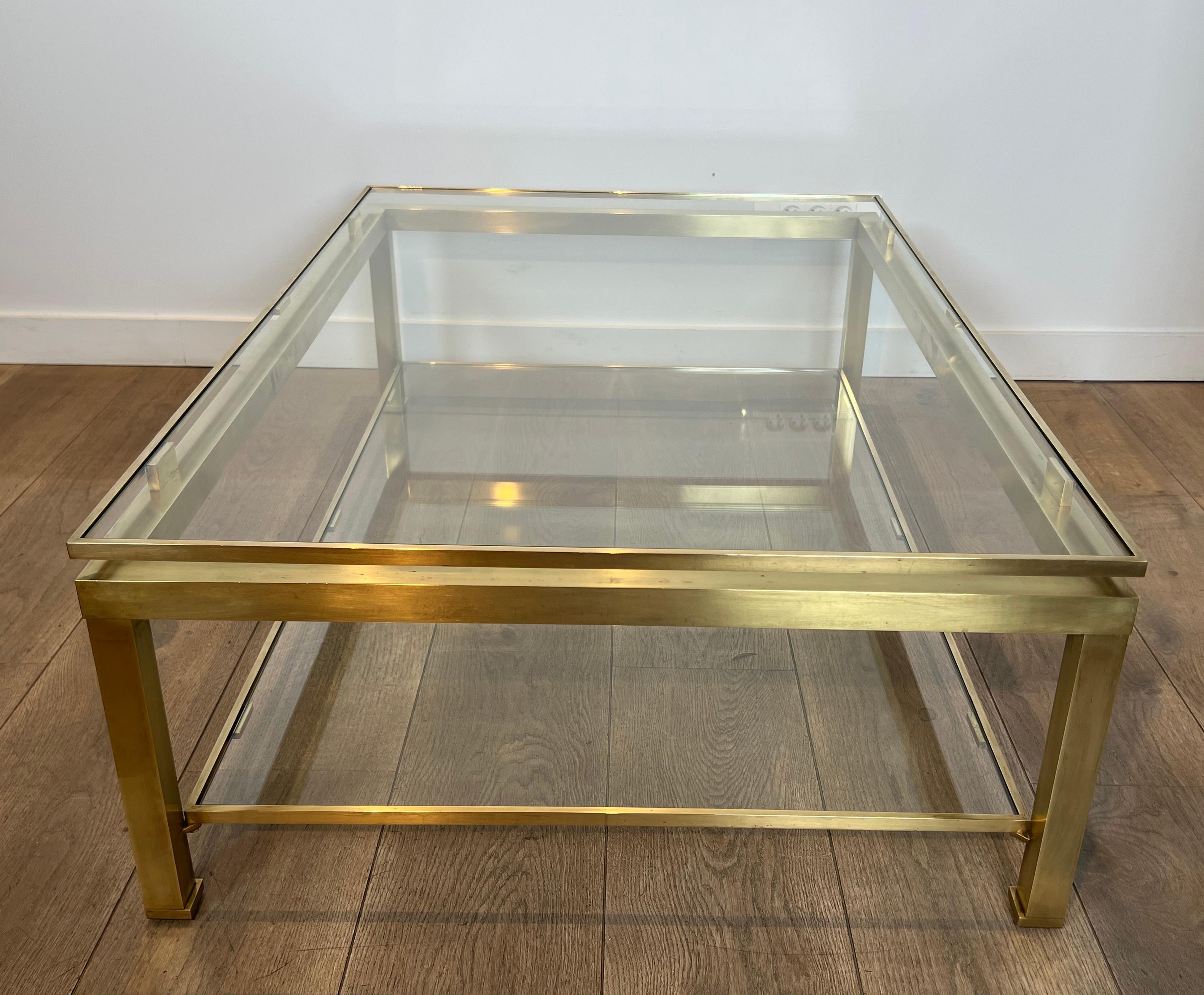 Modernist Brass Coffee Table with Smoked Glass Shelves by Guy Lefèvre for Jansen For Sale 1