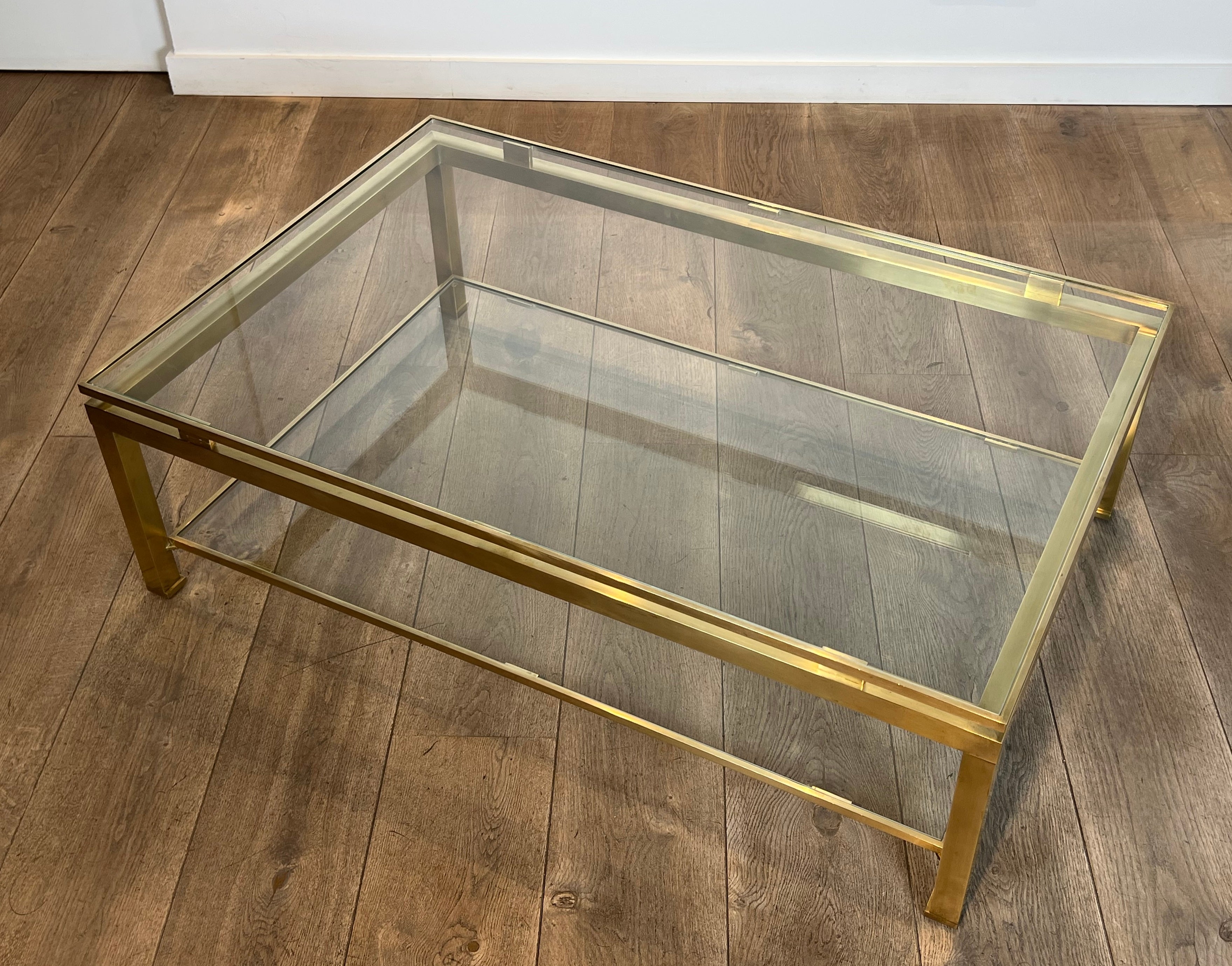 Modernist Brass Coffee Table with Smoked Glass Shelves by Guy Lefèvre for Jansen For Sale