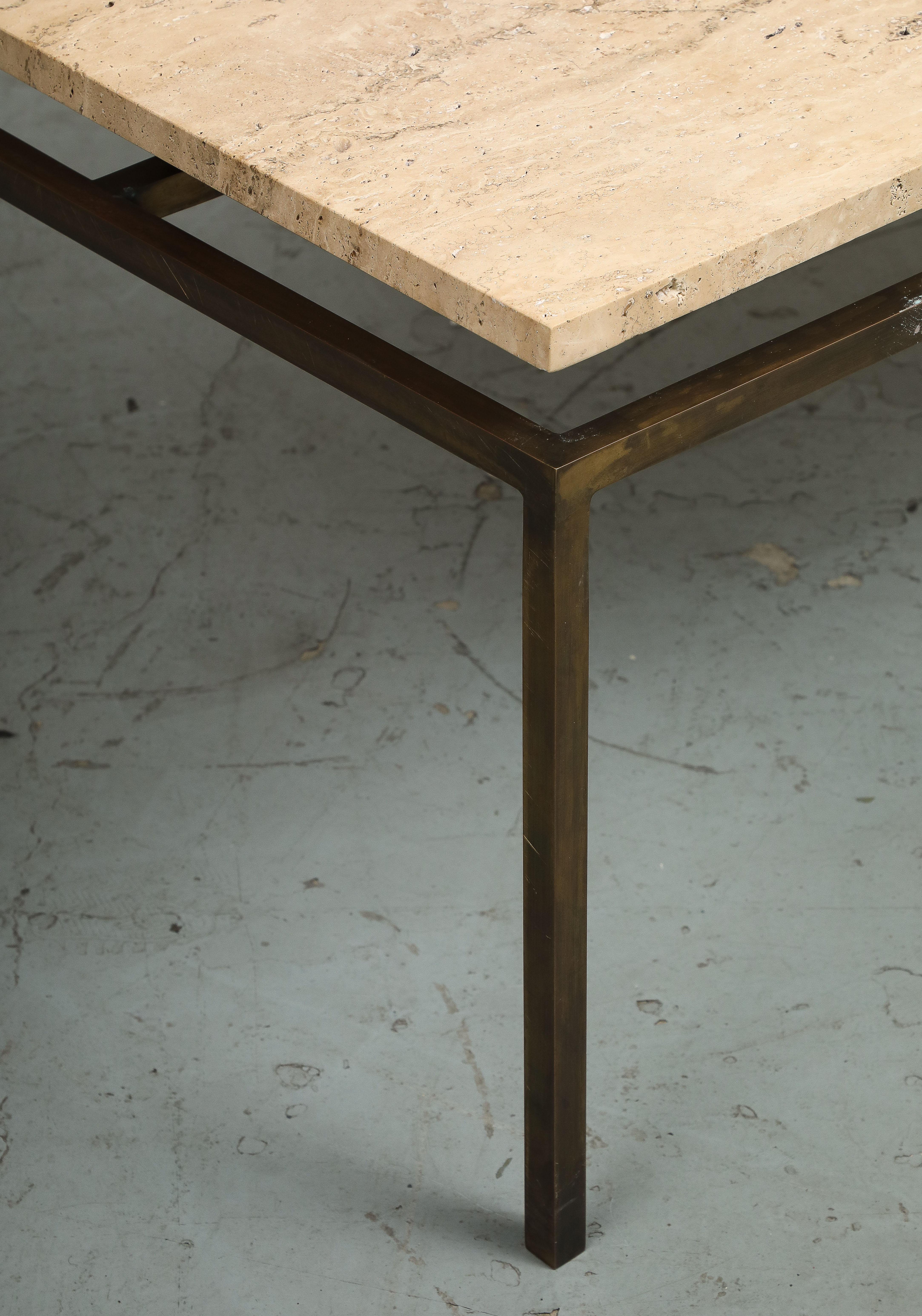 Modernist Brass Coffee Table with Travertine Top For Sale at 1stDibs