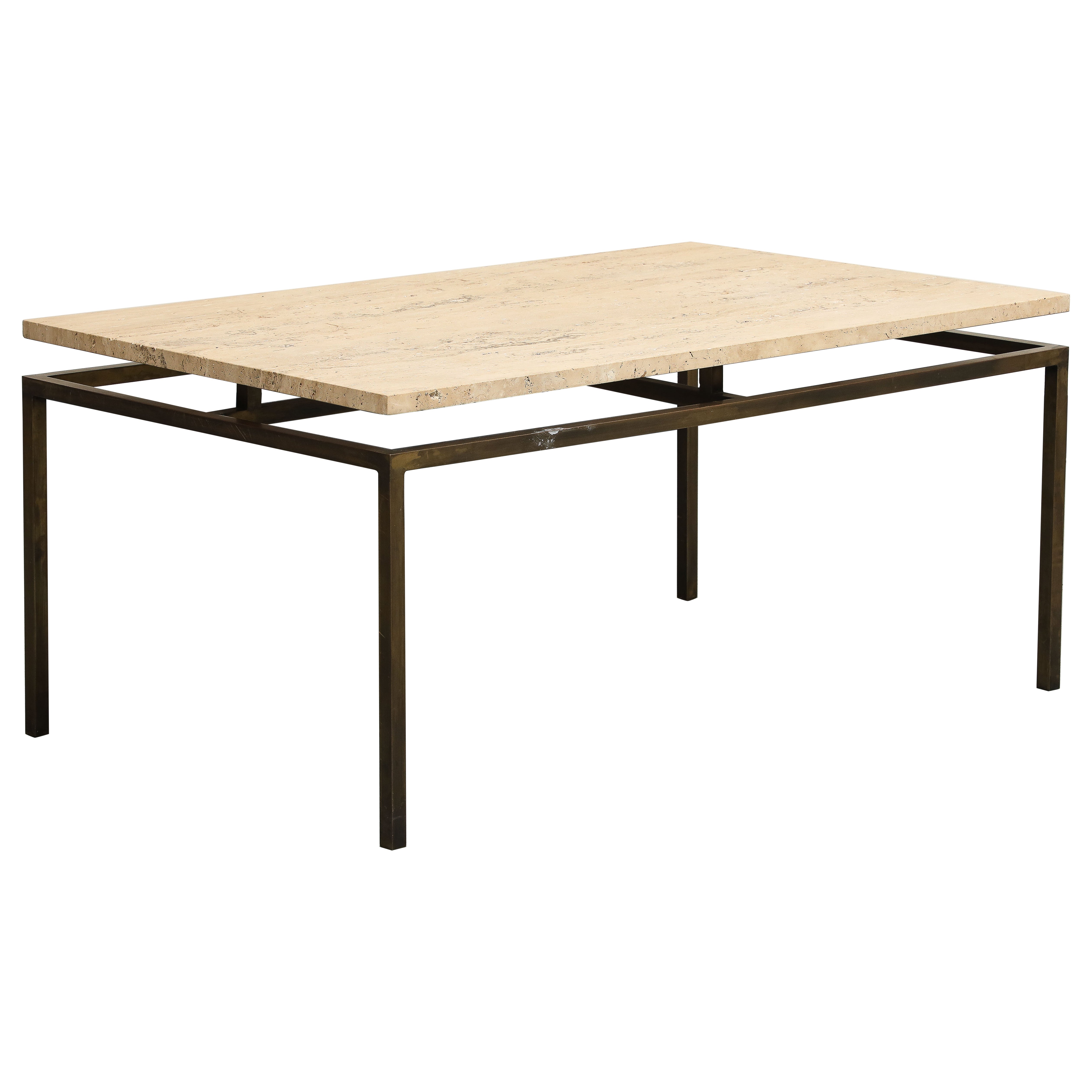 Modernist Brass Coffee Table with Travertine Top For Sale