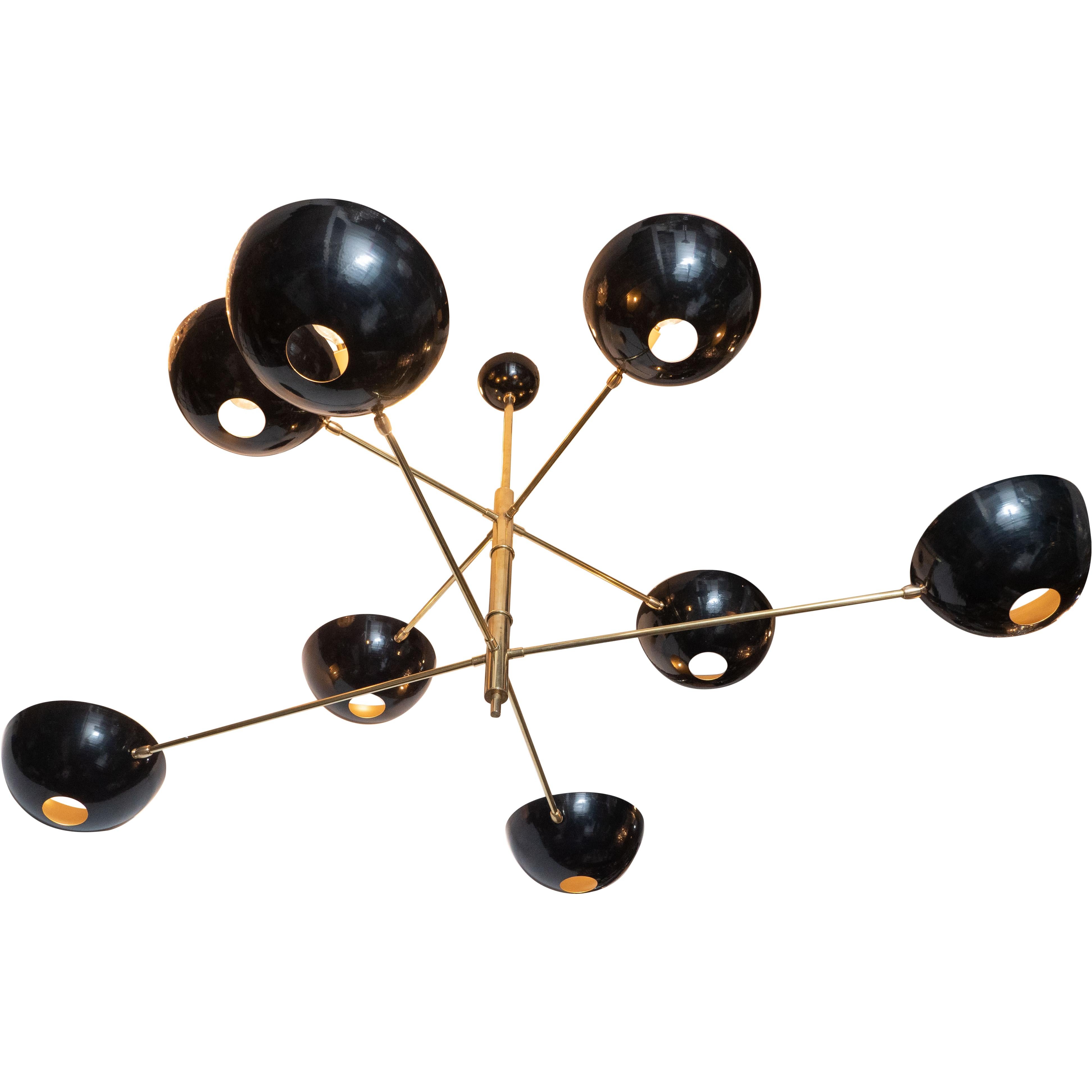 Modernist Brass & Enamel Eight-Arm Stilnovo Style Chandelier by High Style Deco In Excellent Condition In New York, NY