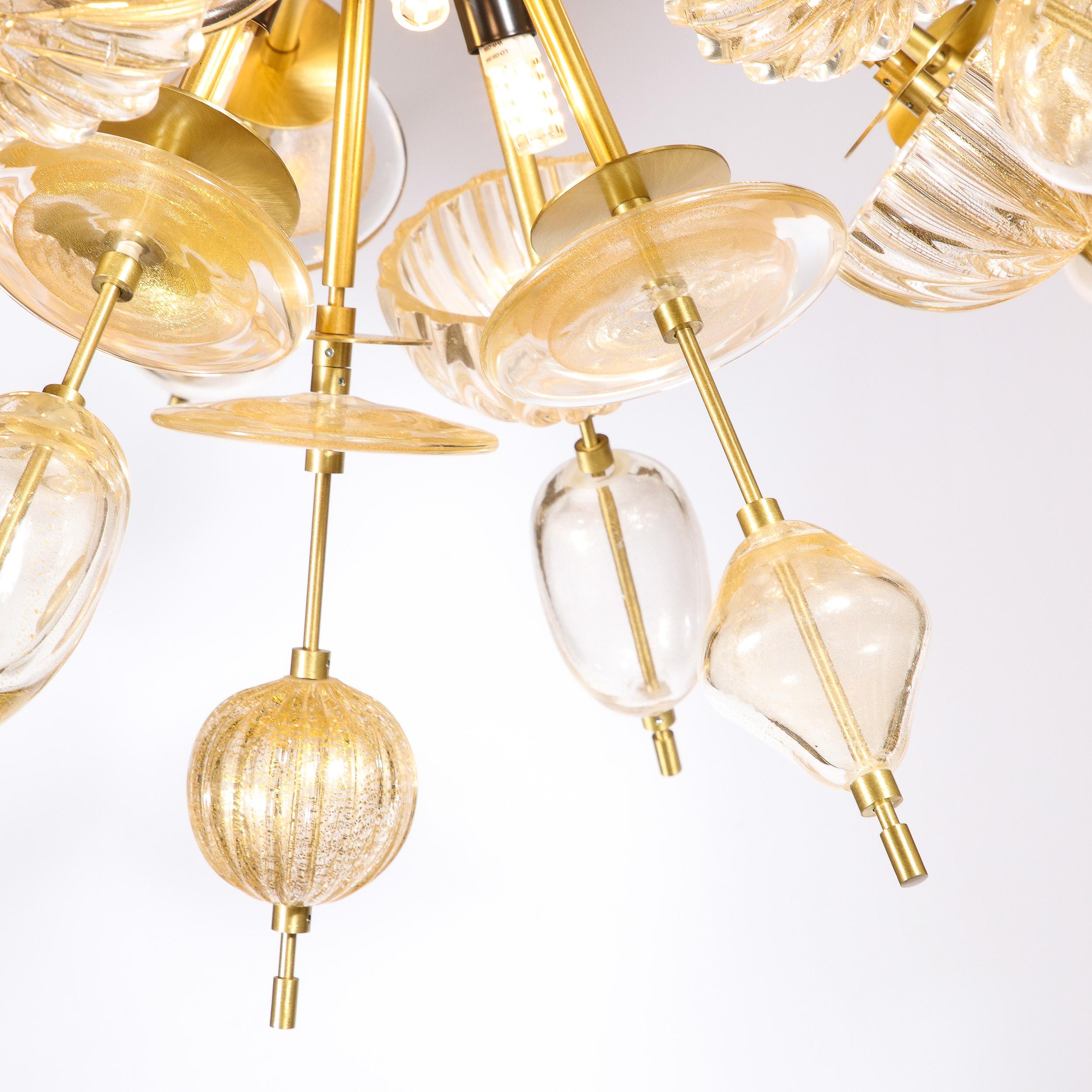 Modernist Brass & Enamel Sputnik Chandelier, Clear & Gold Handblown Murano Glass For Sale 5