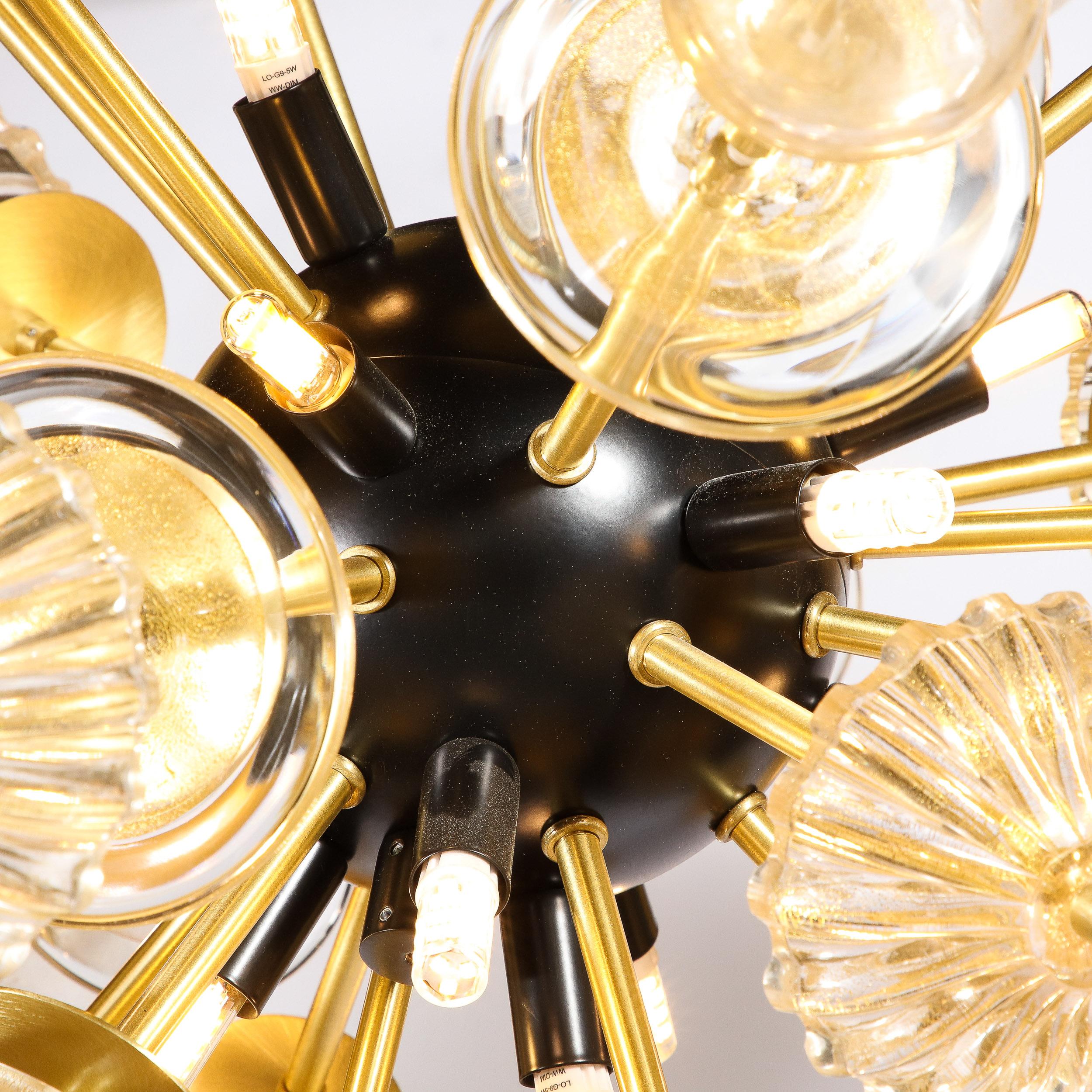 Modernist Brass & Enamel Sputnik Chandelier, Clear & Gold Handblown Murano Glass For Sale 6