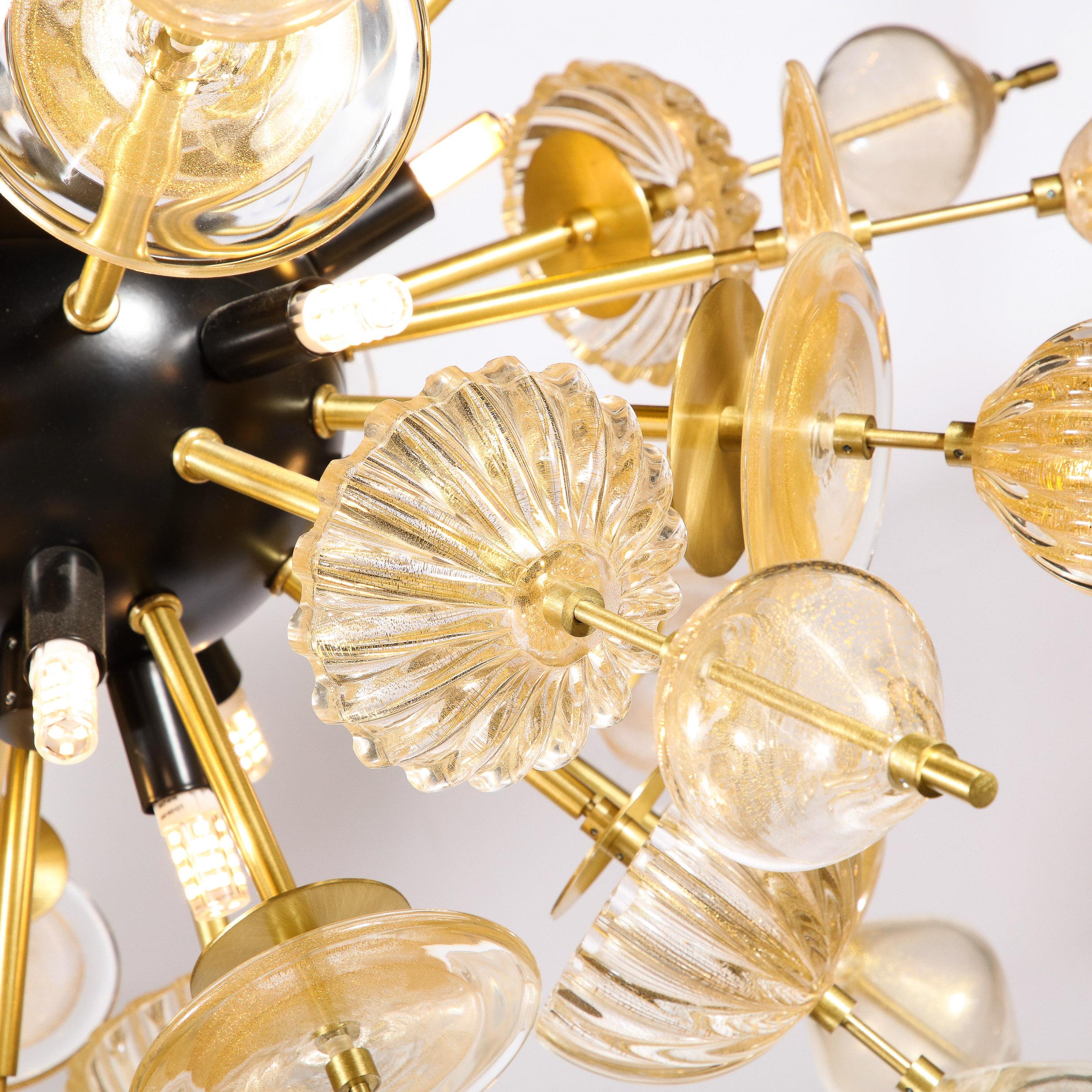 Modernist Brass & Enamel Sputnik Chandelier, Clear & Gold Handblown Murano Glass For Sale 7