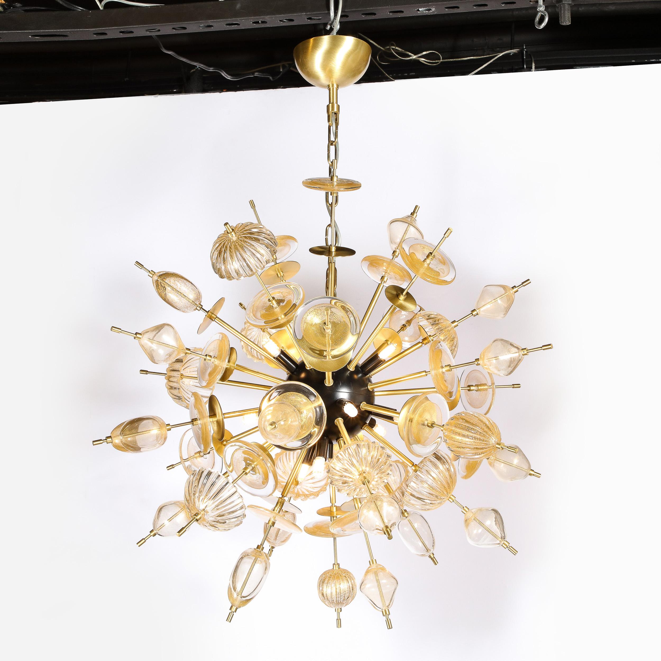 Modernist Brass & Enamel Sputnik Chandelier, Clear & Gold Handblown Murano Glass For Sale 8
