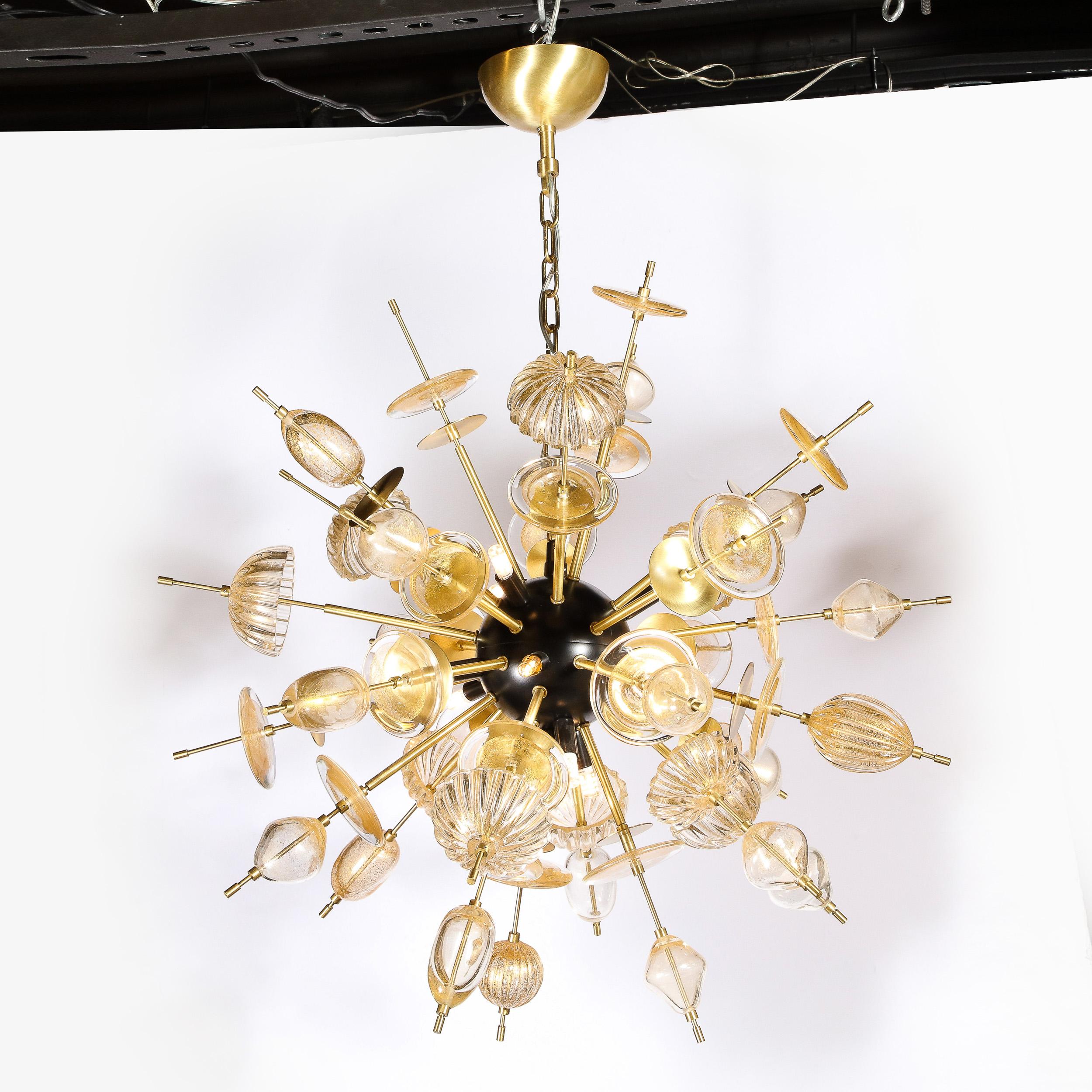 Modernist Brass & Enamel Sputnik Chandelier, Clear & Gold Handblown Murano Glass For Sale 9