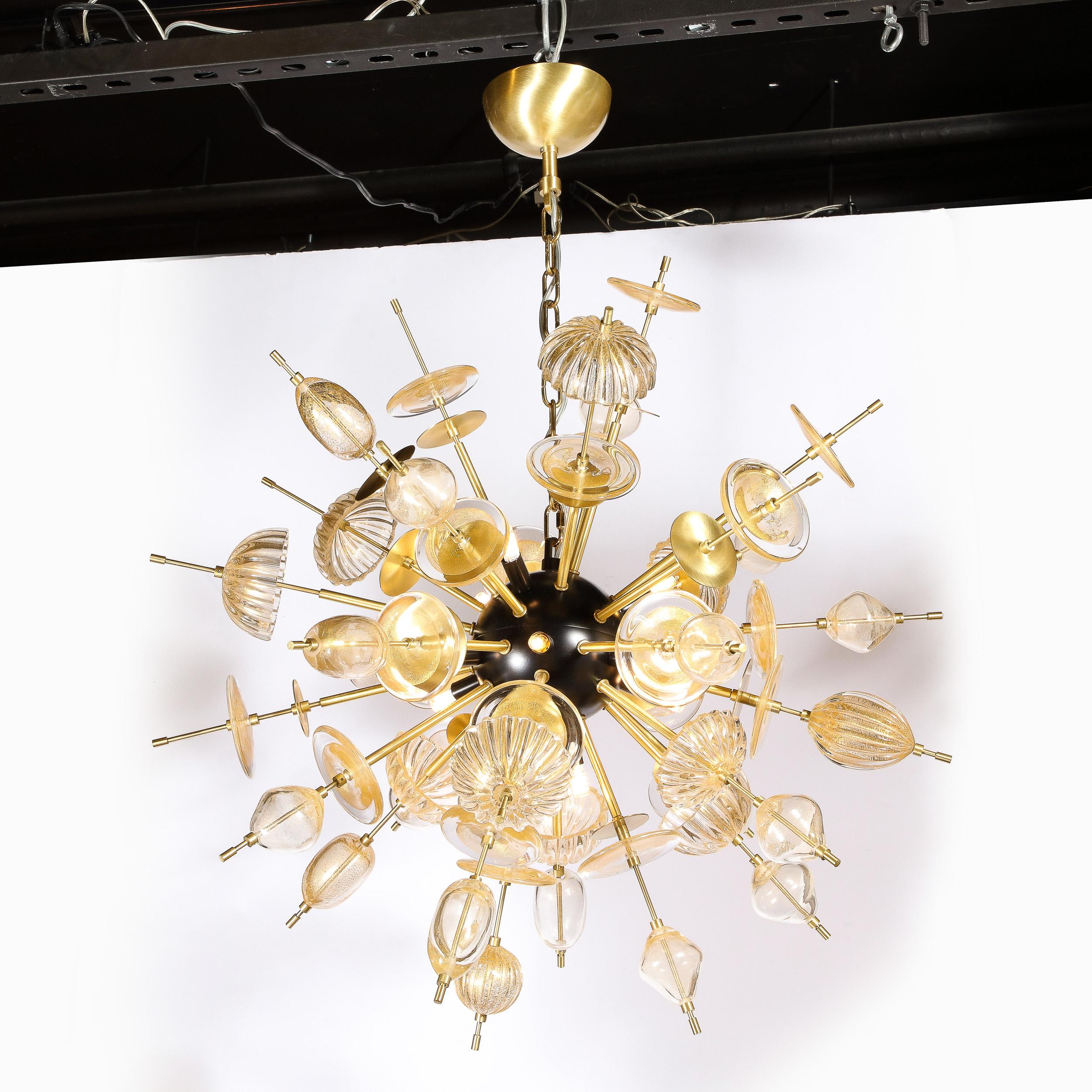 Modernist Brass & Enamel Sputnik Chandelier, Clear & Gold Handblown Murano Glass For Sale 10