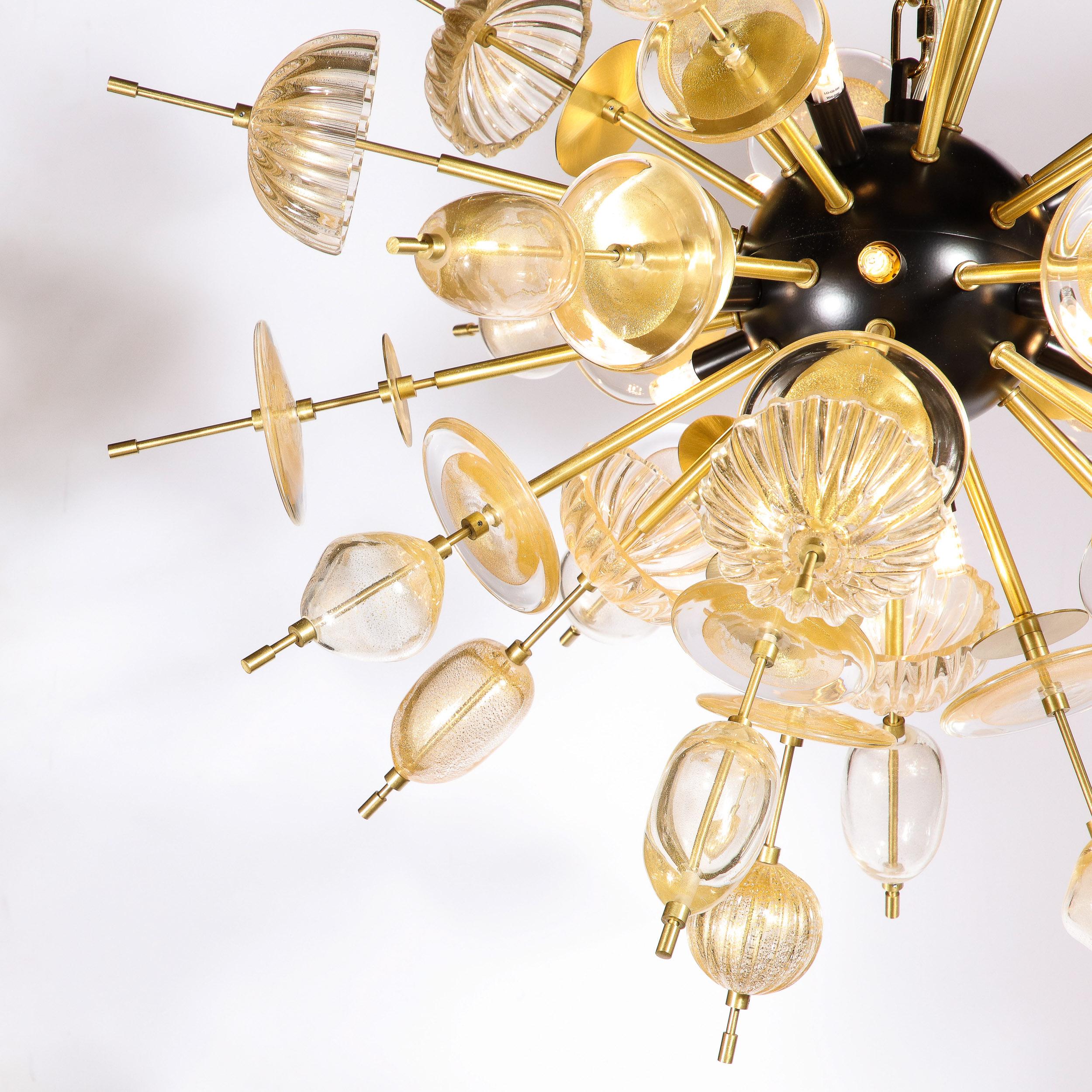 Modernist Brass & Enamel Sputnik Chandelier, Clear & Gold Handblown Murano Glass For Sale 11