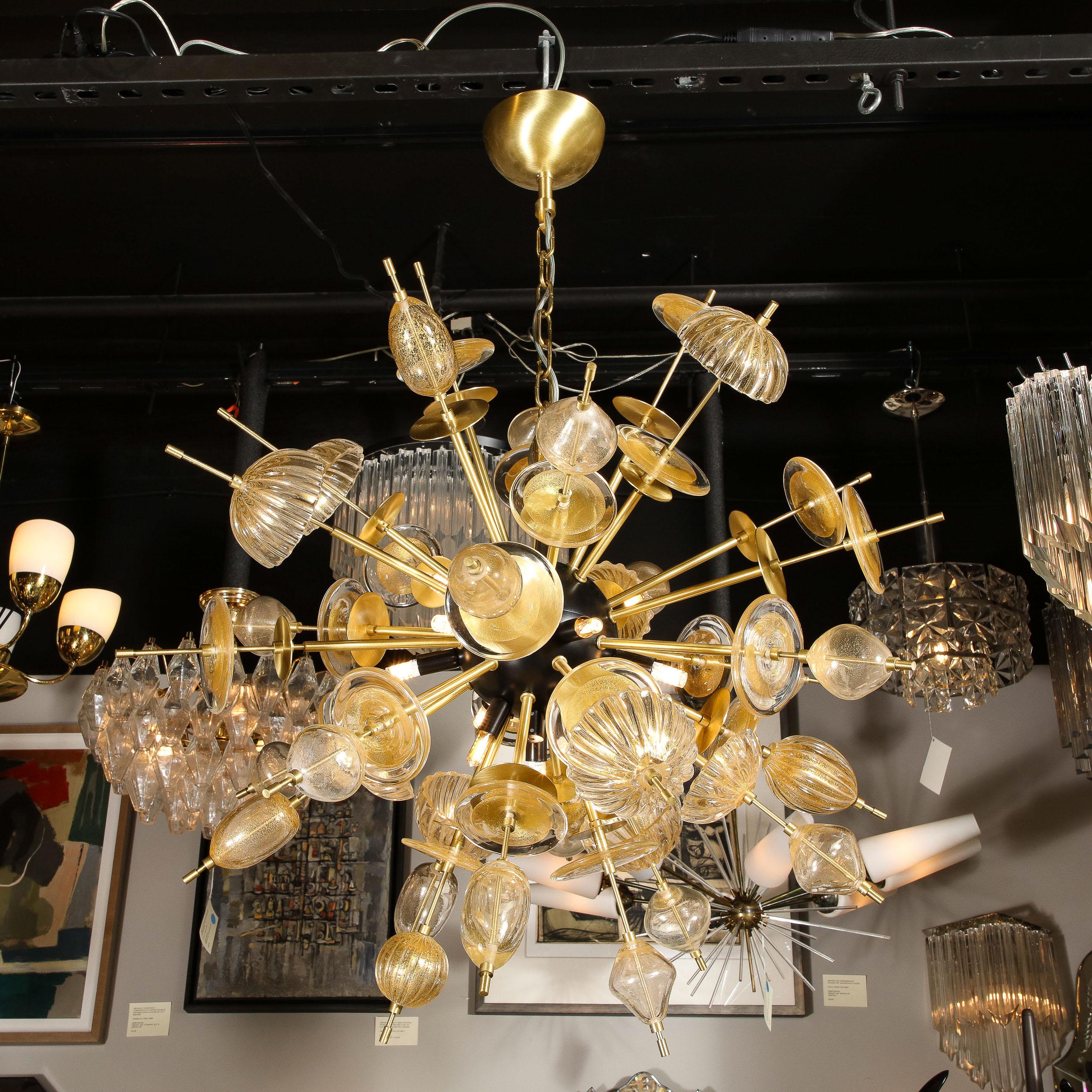 Italian Modernist Brass & Enamel Sputnik Chandelier, Clear & Gold Handblown Murano Glass For Sale