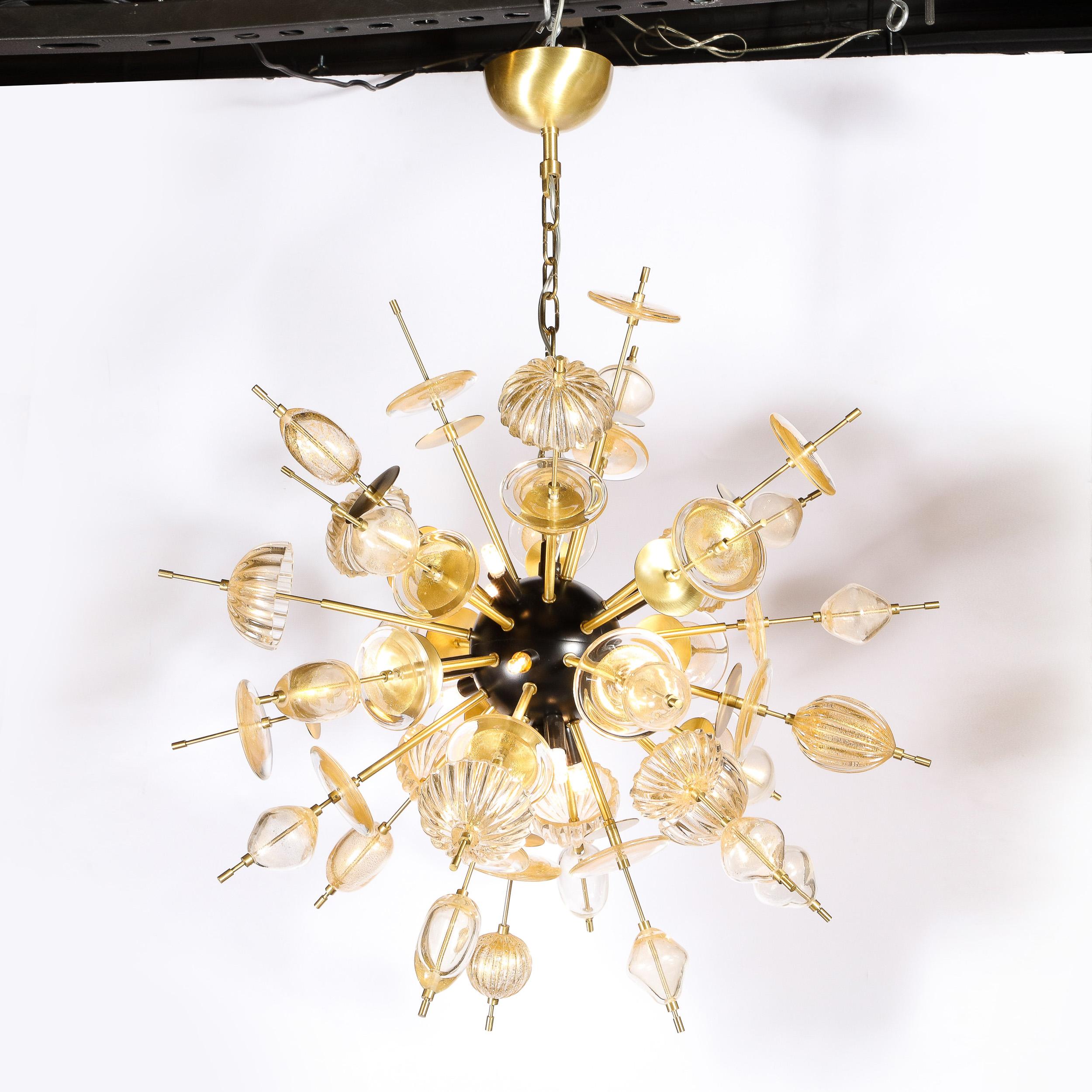 Modernist Brass & Enamel Sputnik Chandelier, Clear & Gold Handblown Murano Glass In Excellent Condition For Sale In New York, NY