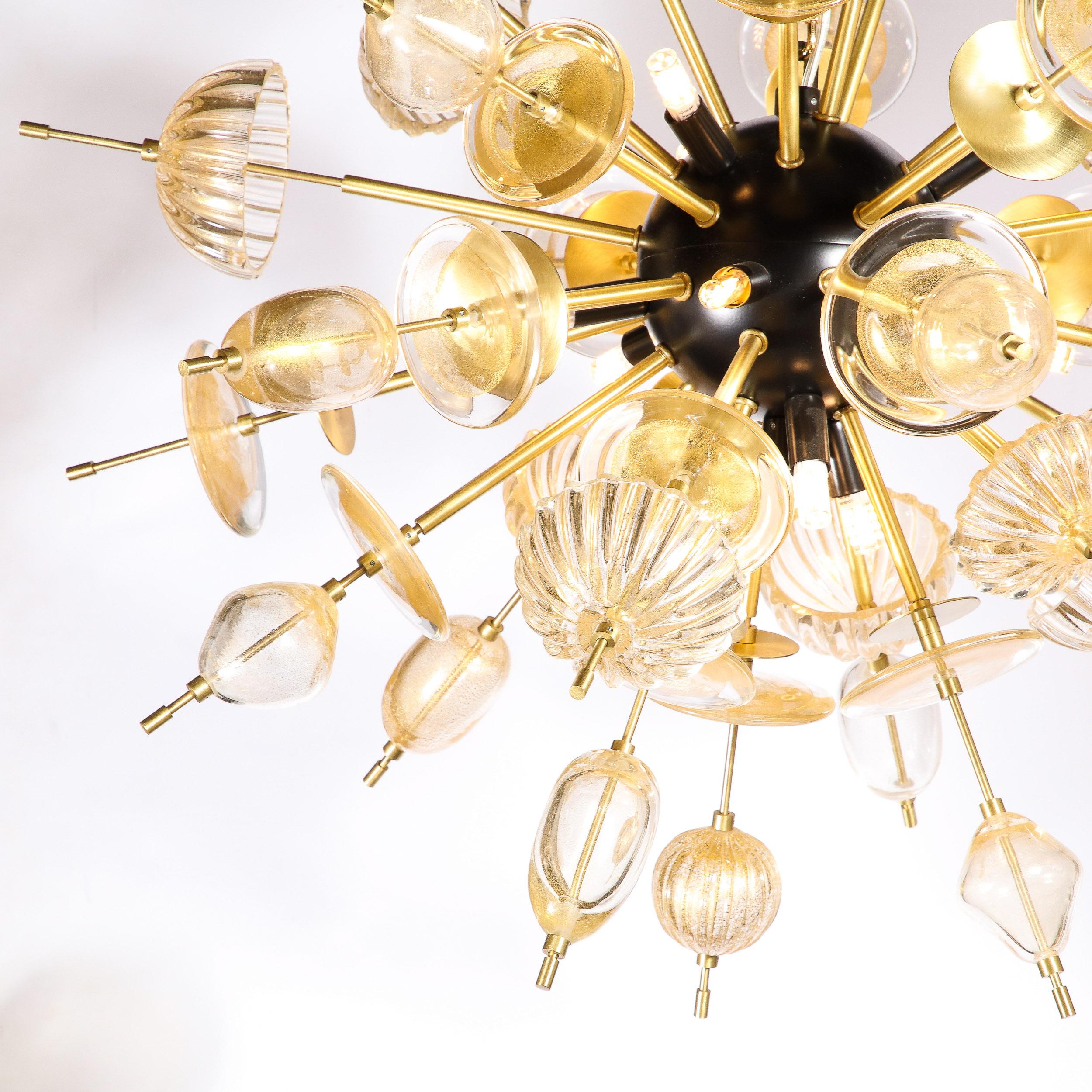 Contemporary Modernist Brass & Enamel Sputnik Chandelier, Clear & Gold Handblown Murano Glass For Sale