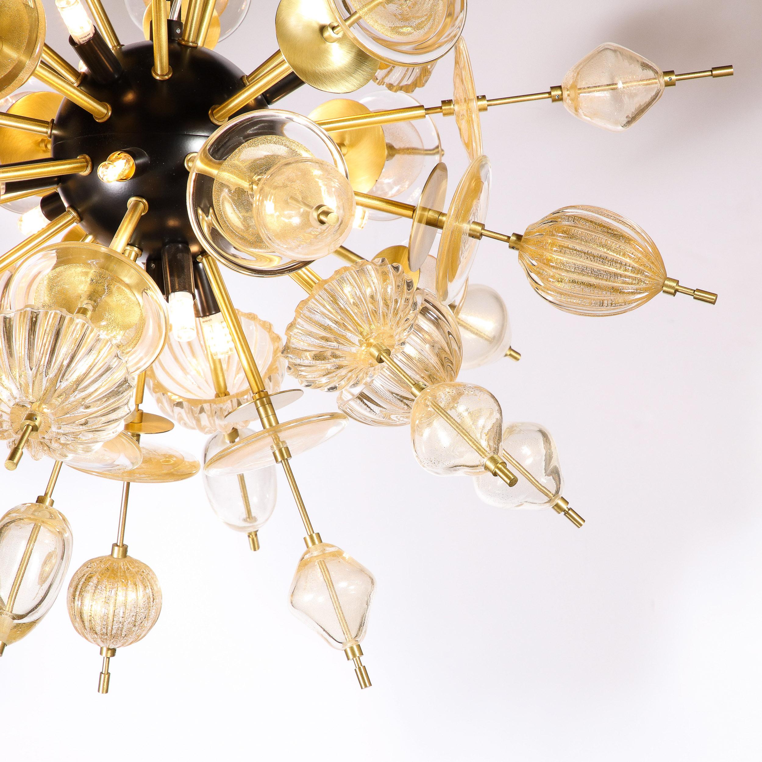 Modernist Brass & Enamel Sputnik Chandelier, Clear & Gold Handblown Murano Glass For Sale 1