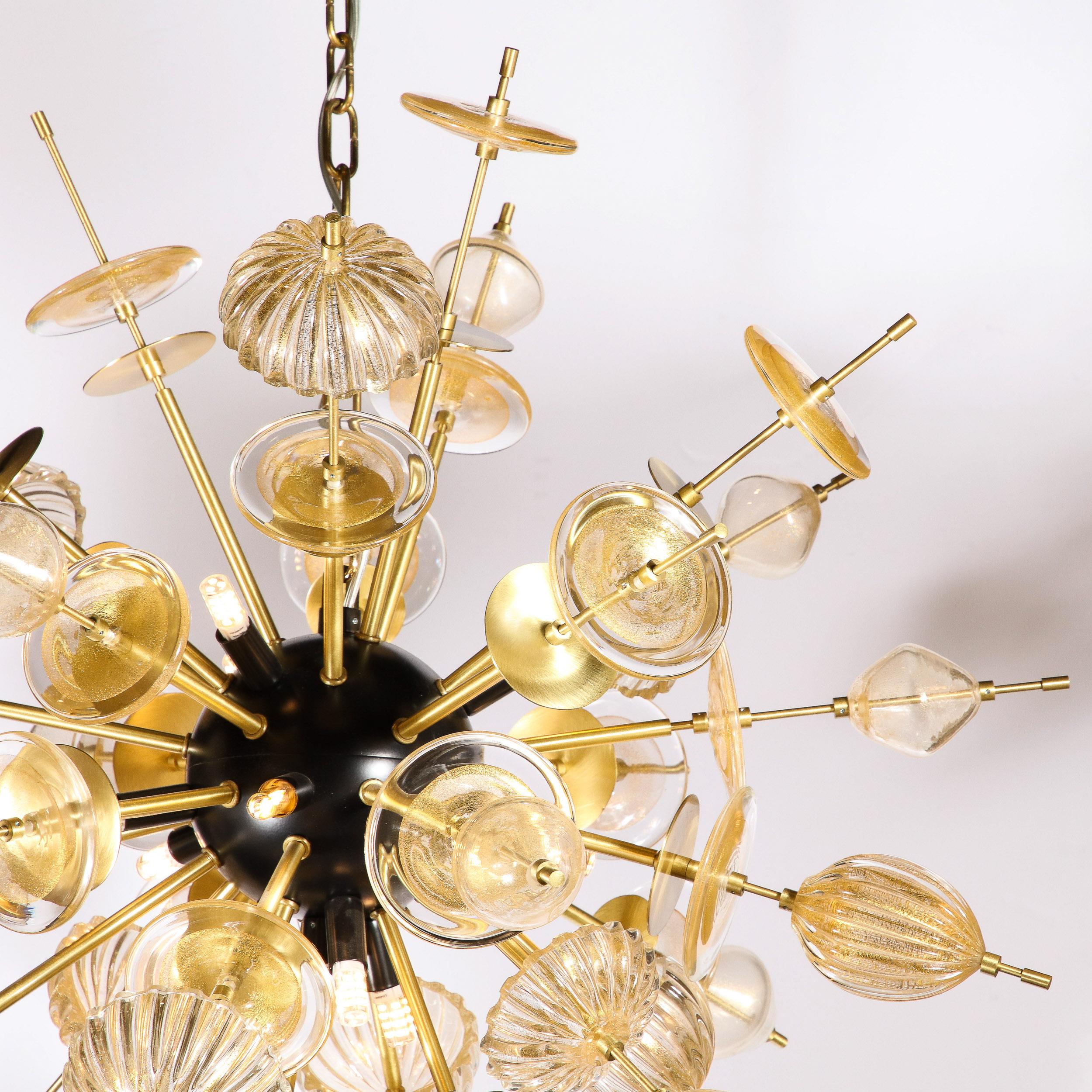 Modernist Brass & Enamel Sputnik Chandelier, Clear & Gold Handblown Murano Glass For Sale 2