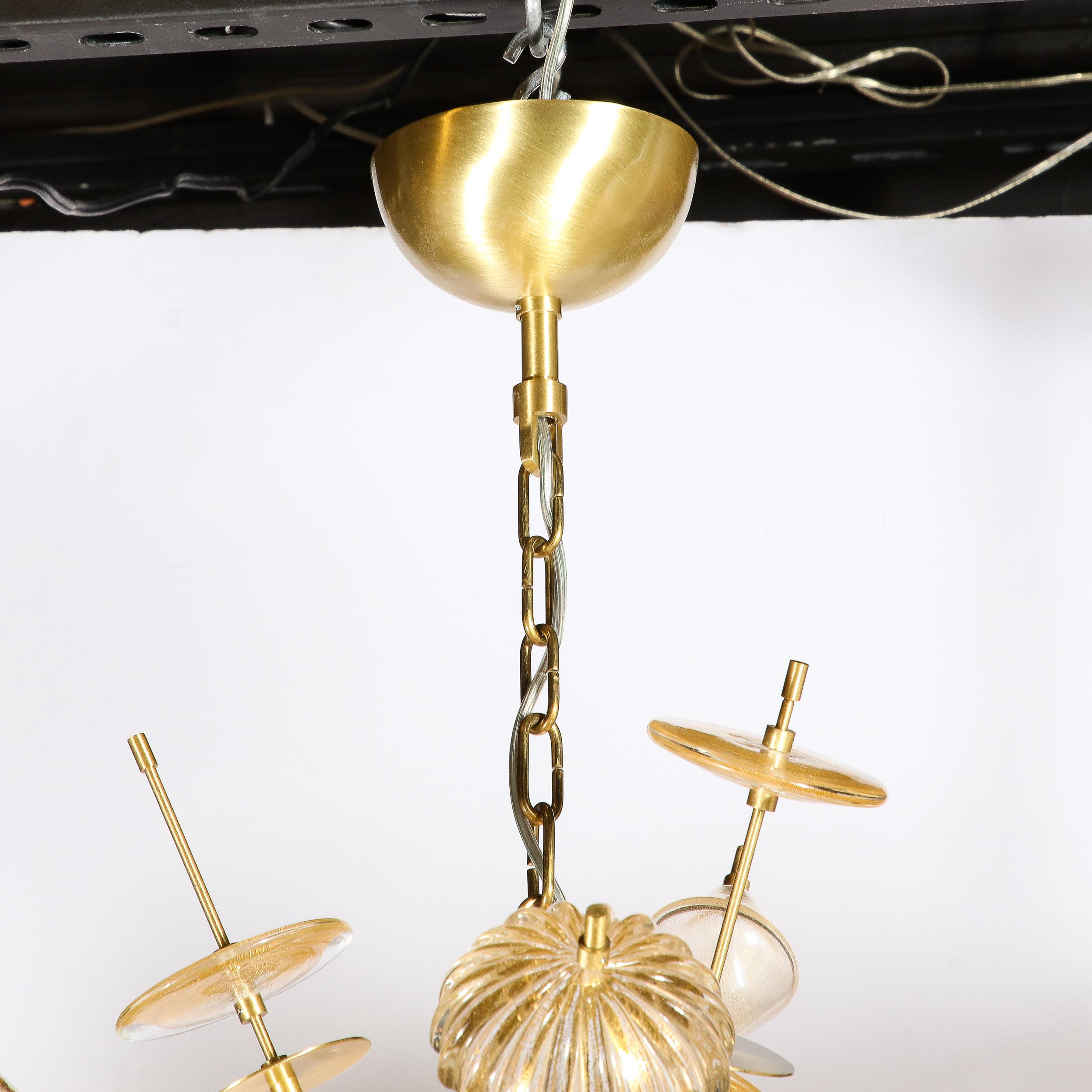 Modernist Brass & Enamel Sputnik Chandelier, Clear & Gold Handblown Murano Glass For Sale 3