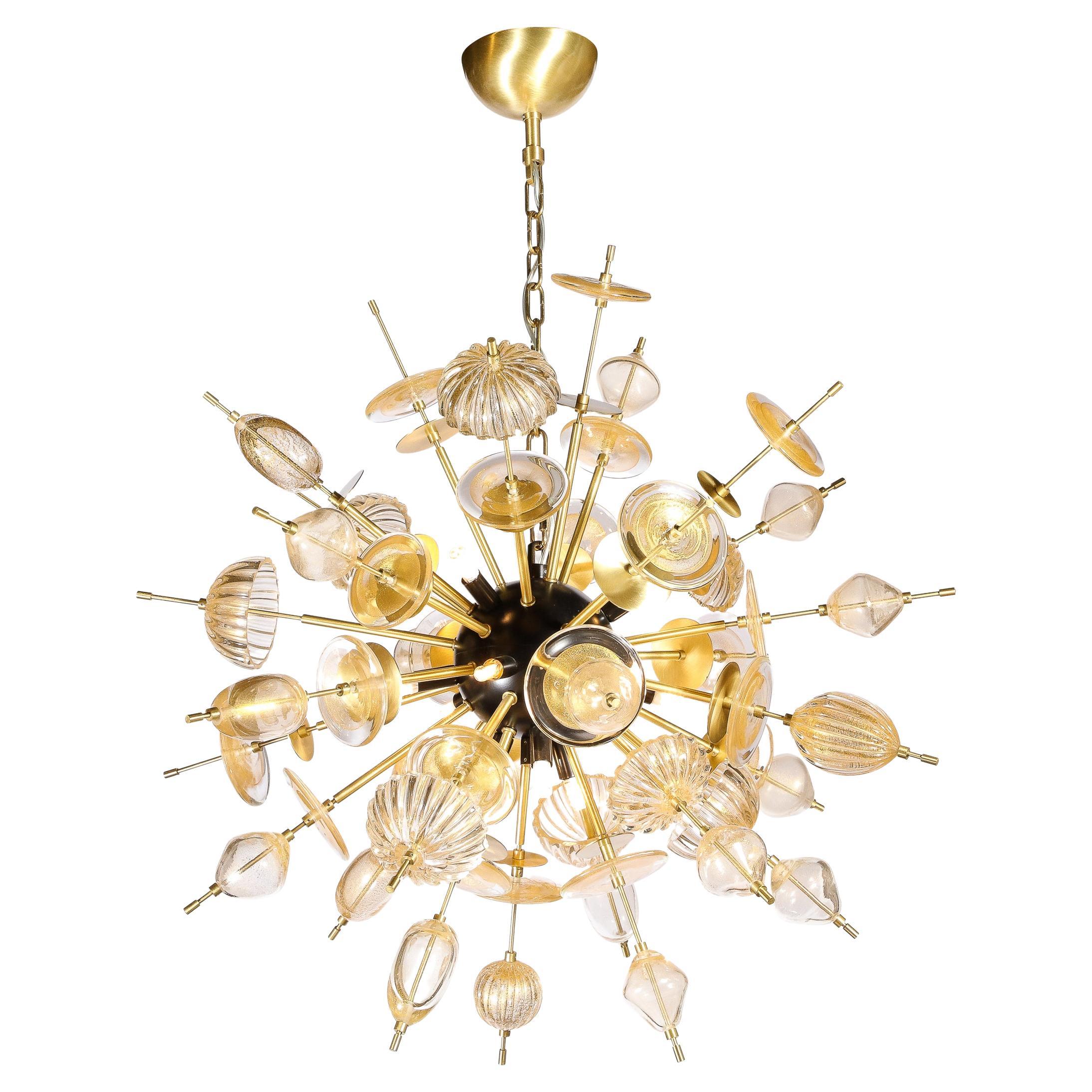 Modernist Brass & Enamel Sputnik Chandelier, Clear & Gold Handblown Murano Glass For Sale